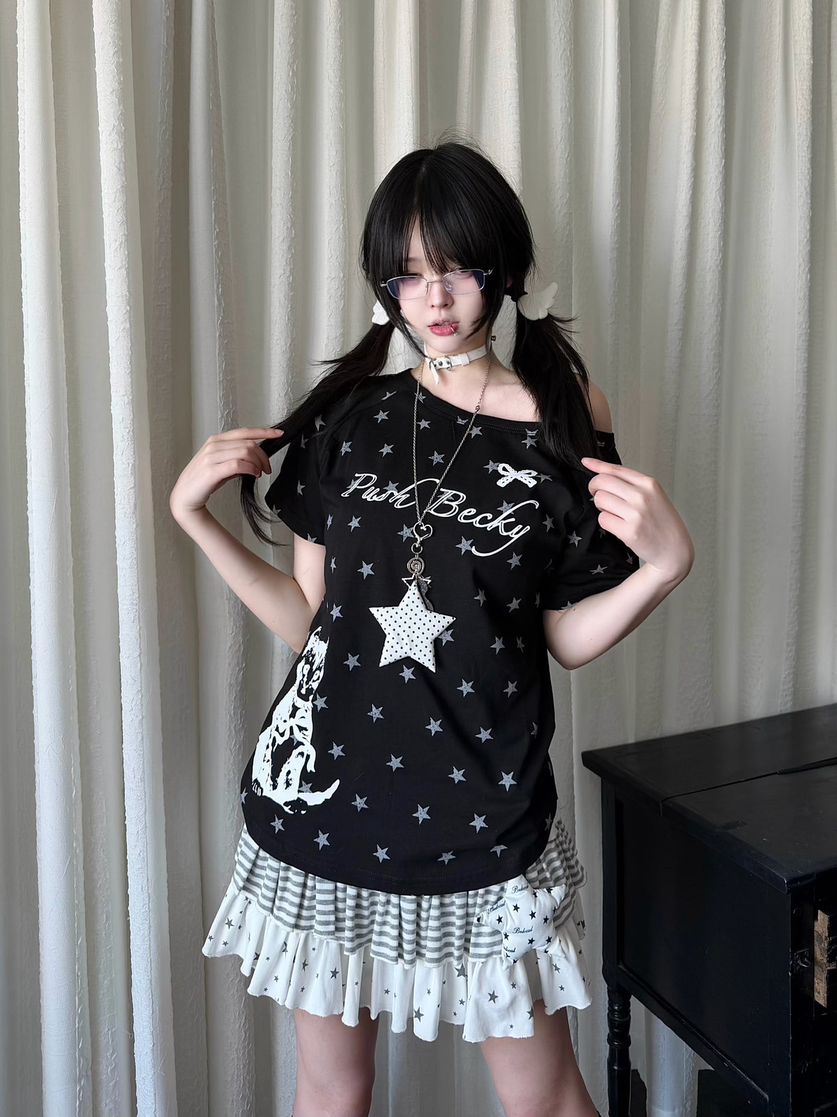 RICKY LUCKY Y2K アシンメトリー ワンショルダー Tシャツ 星柄 プリント スリム 半袖カットソー