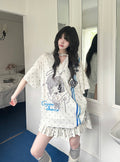 カレーレン 水玉柄二次元アニメ刺繍 レースVネックTシャツ Y2K レディース