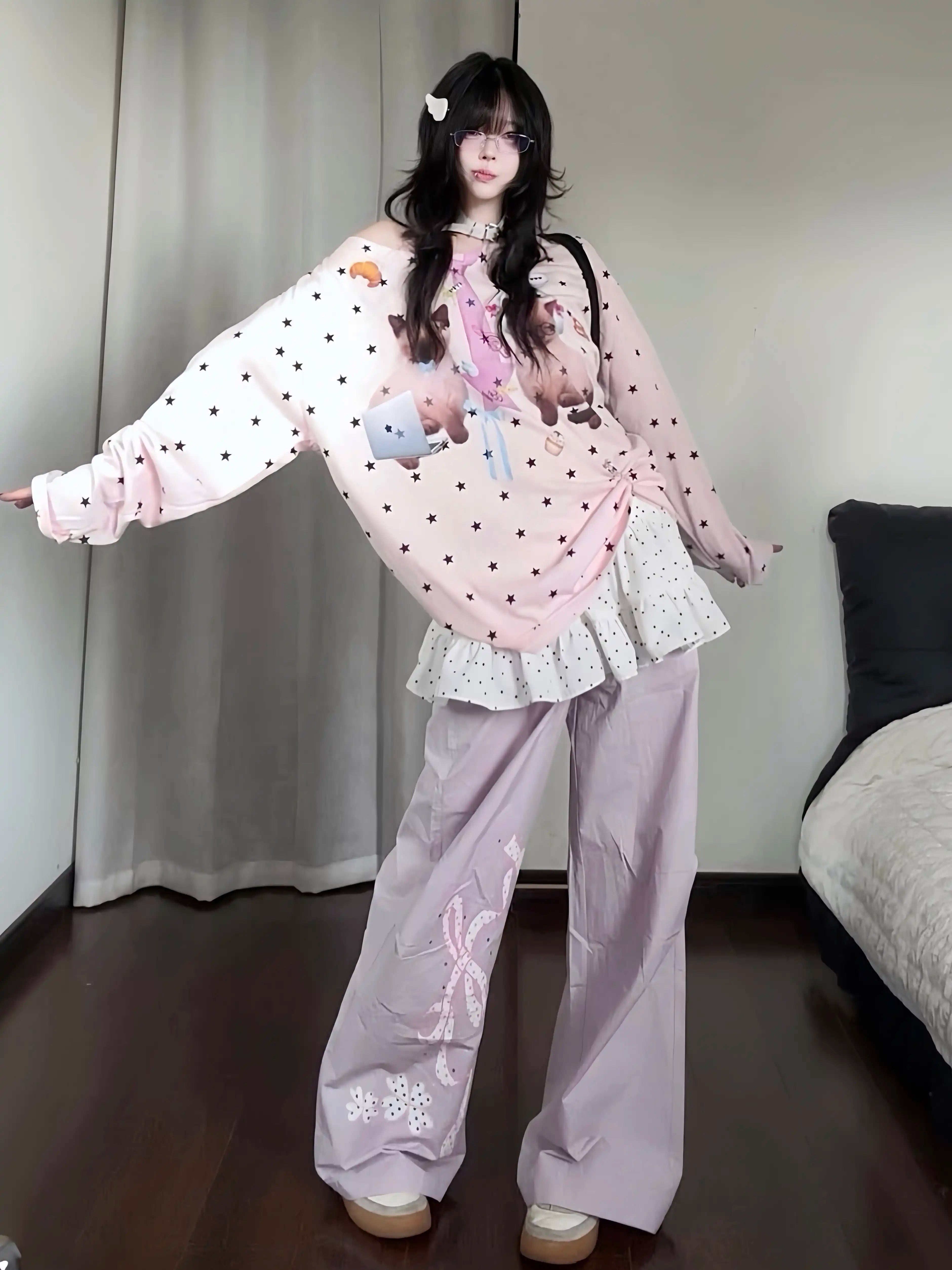 Women's Cute Lace Patchwork Wide Leg Parachute Pants - Casual Summer Straight Leg Trousers #G002
