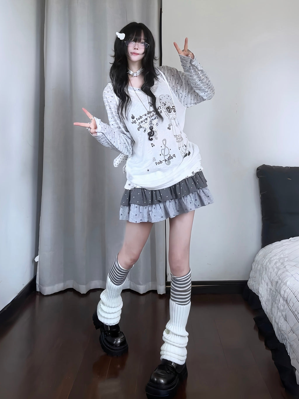 RICKY LUCKY 韓国系 サブカル ボーダー柄 長袖 Tシャツ ロンT シアー シースルー トップス