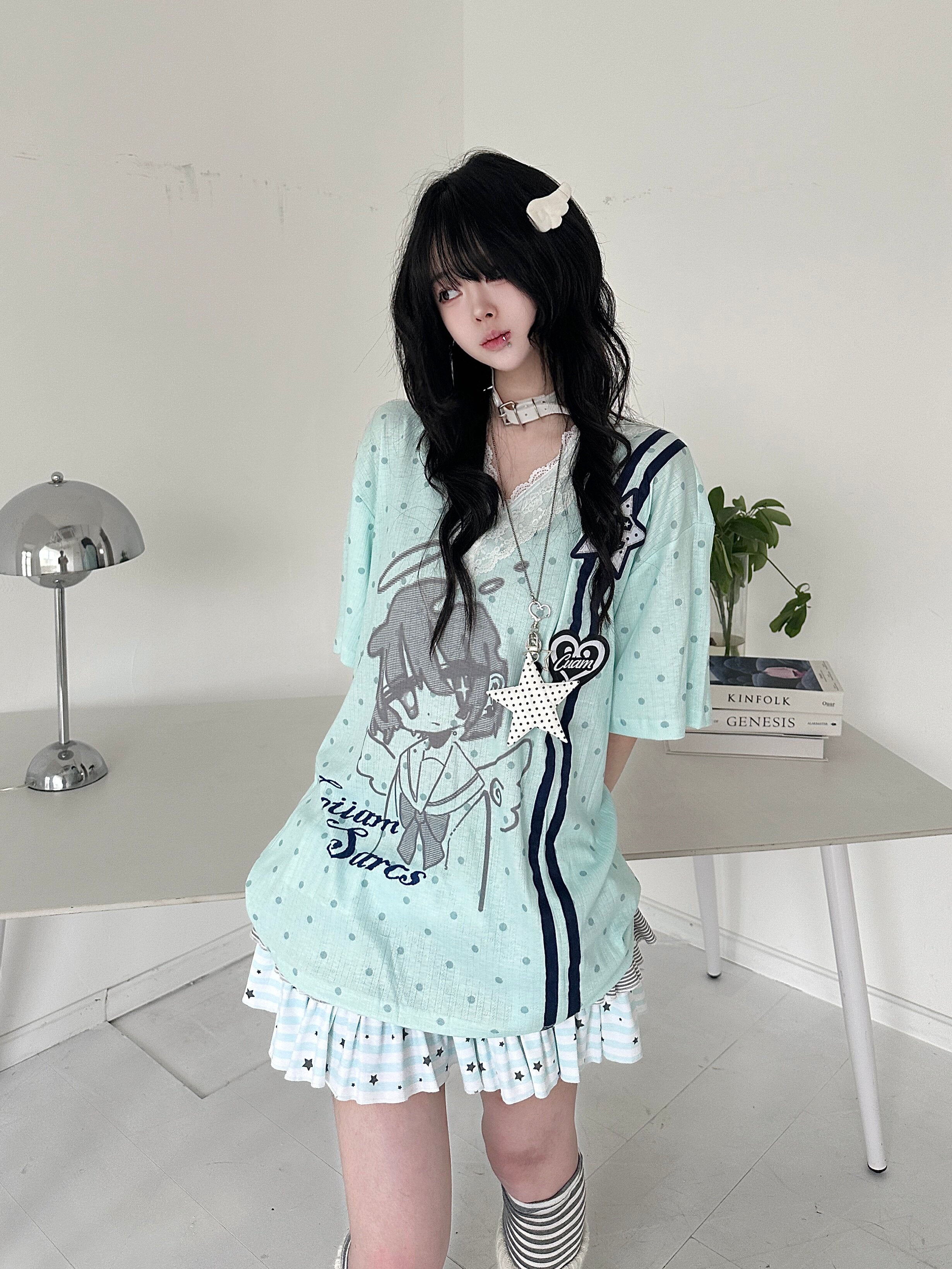 カレーレン 水玉柄二次元アニメ刺繍 レースVネックTシャツ Y2K レディース