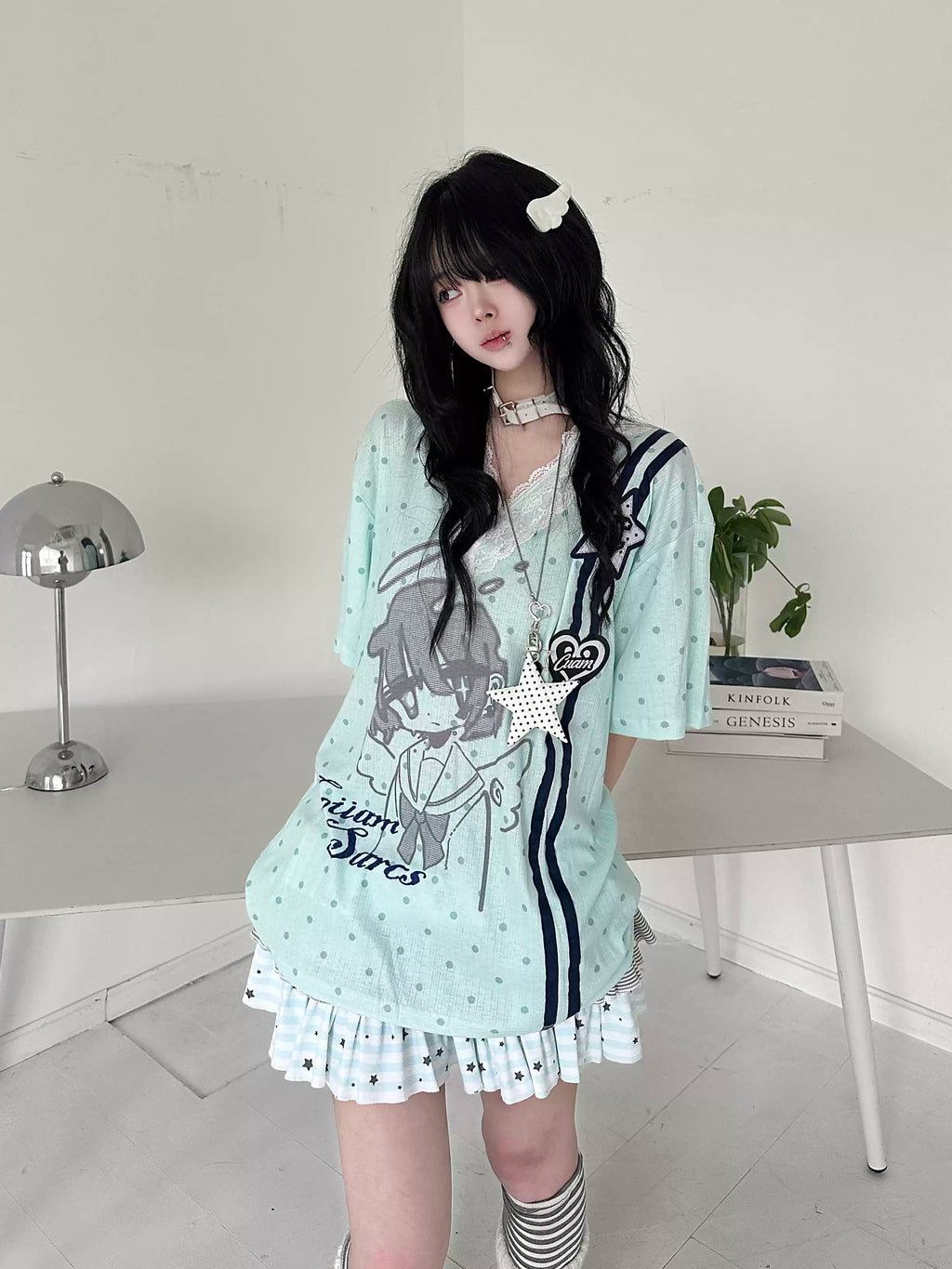 Y2K Harajuku Anime Polka Dot T-Shirt Women Sweet Lolita Lace V-Neck Short Sleeve Top | Loose Fit Kawaii Aesthetic Clothing