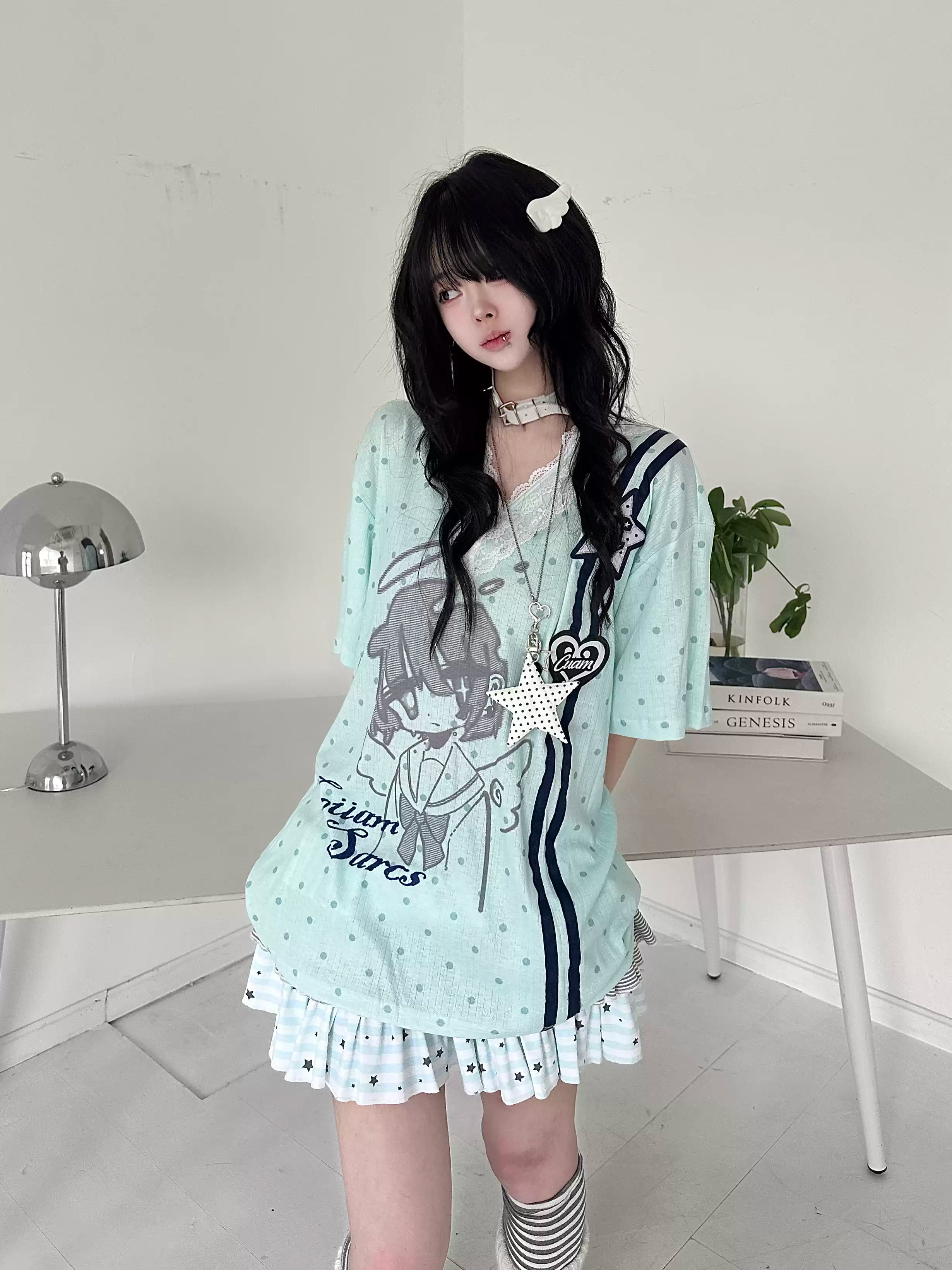 Y2K Harajuku Anime Polka Dot T-Shirt Women Sweet Lolita Lace V-Neck Short Sleeve Top | Loose Fit Kawaii Aesthetic Clothing