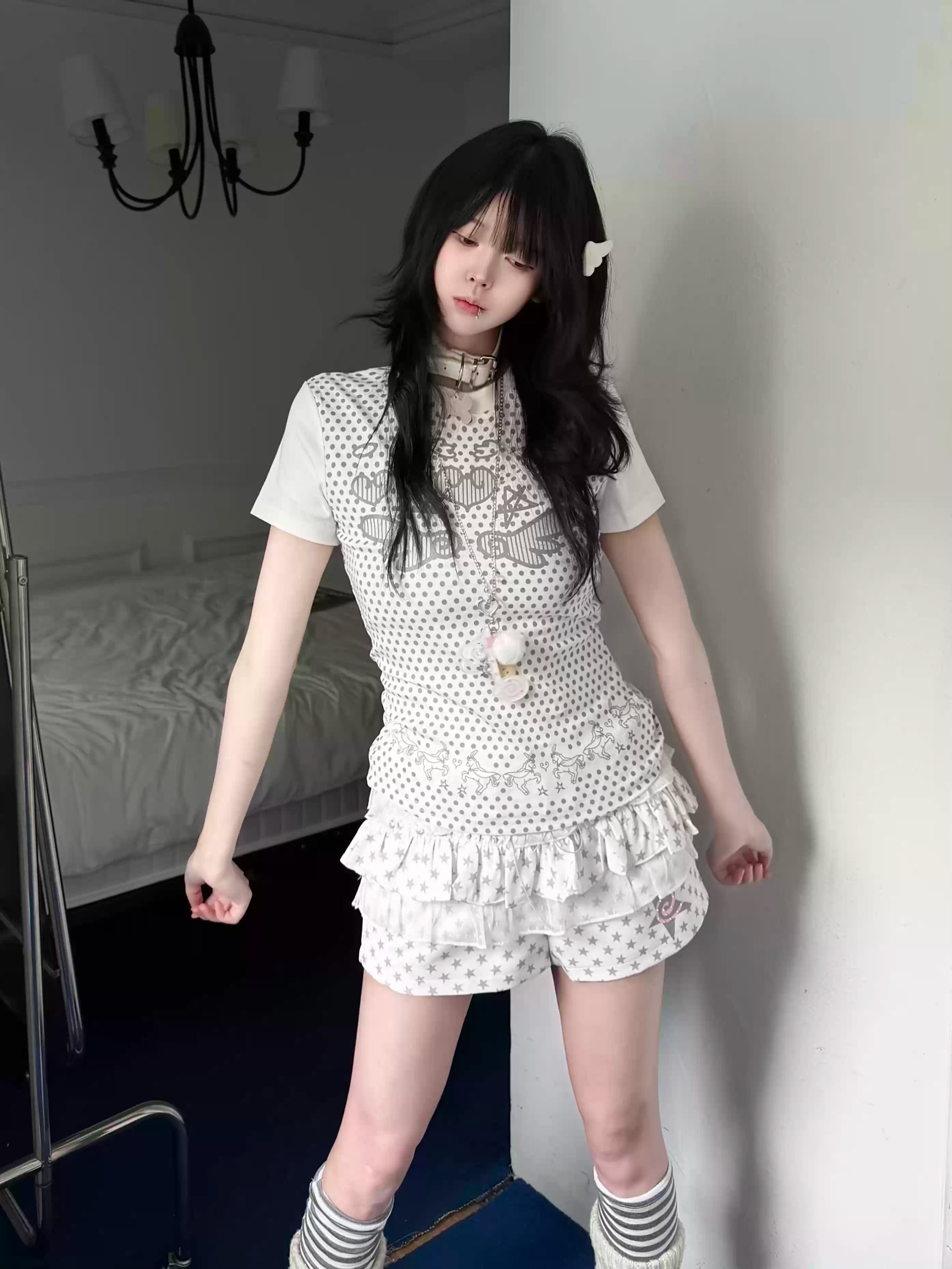 Women's Slim Fit Polka Dot Angel Wings T-Shirt - Cute Summer Crew Neck Top #G003