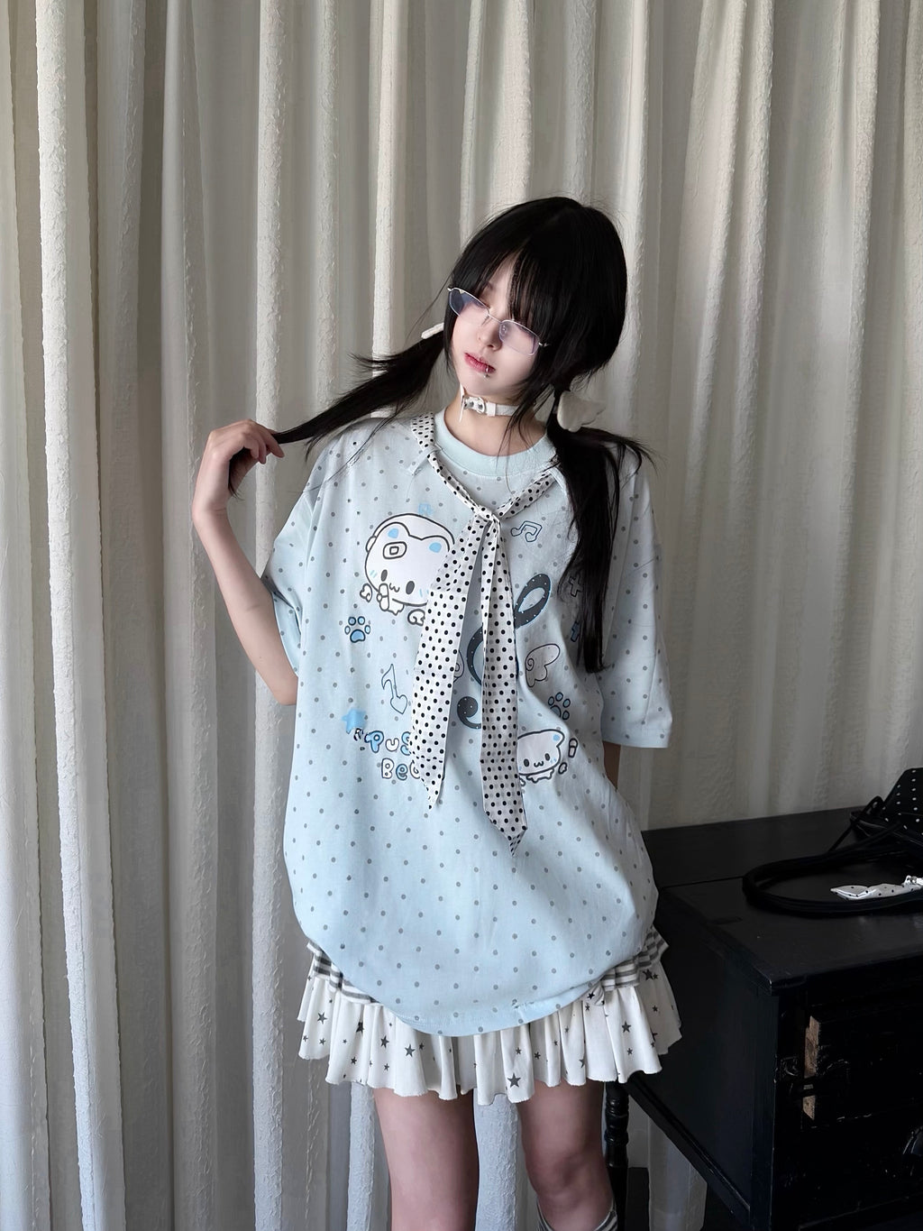 RICKY LUCKY 宅系 サブカル ネコ柄 ドット柄 ネクタイ付き 半袖 Tシャツ ルーズ Tシャツ