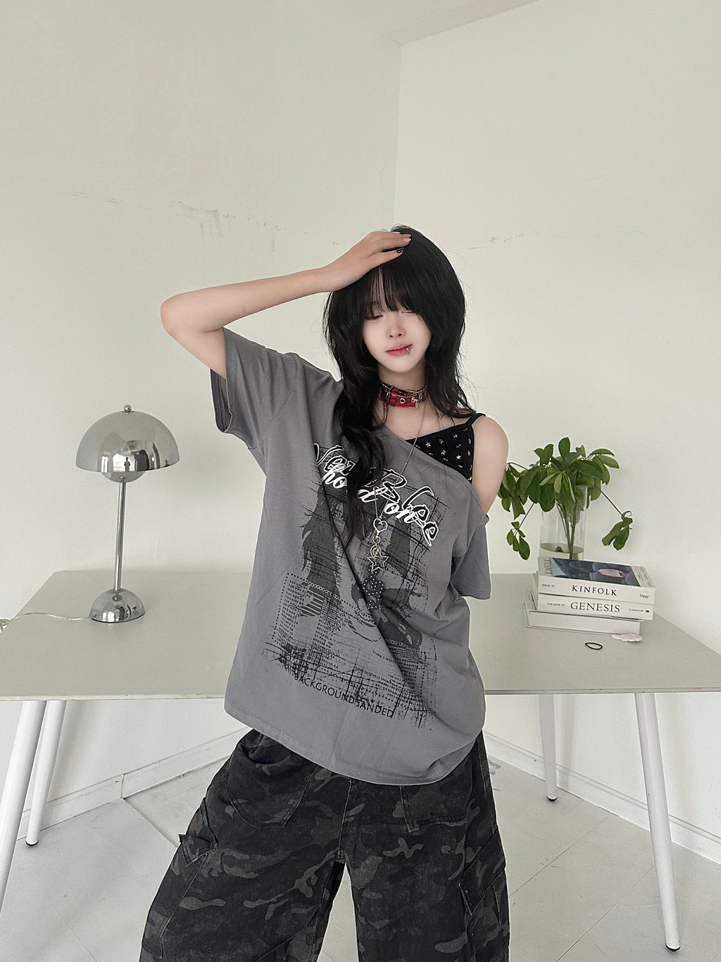 RICKY LUCKY アメカジ ワンショルダー 半袖 Tシャツ レディース 夏 オフショルダー トップス