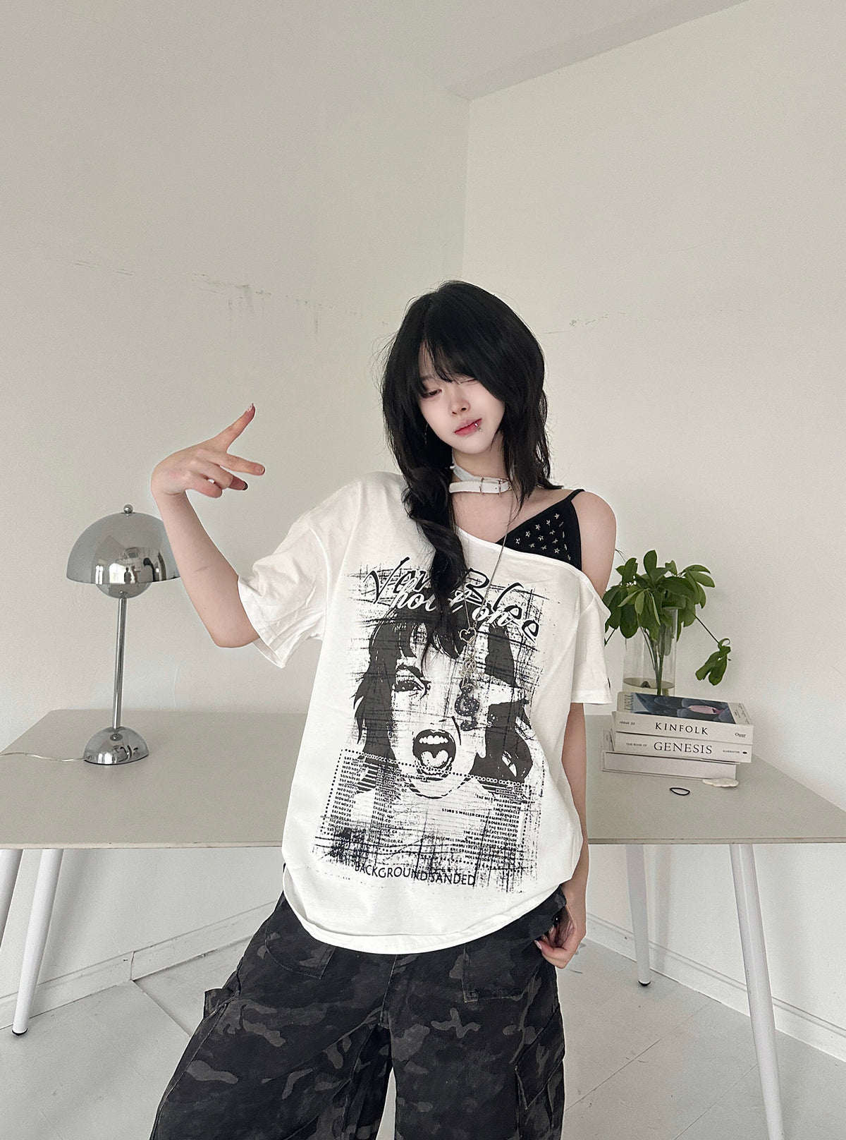 RICKY LUCKY アメカジ ワンショルダー 半袖 Tシャツ レディース 夏 オフショルダー トップス