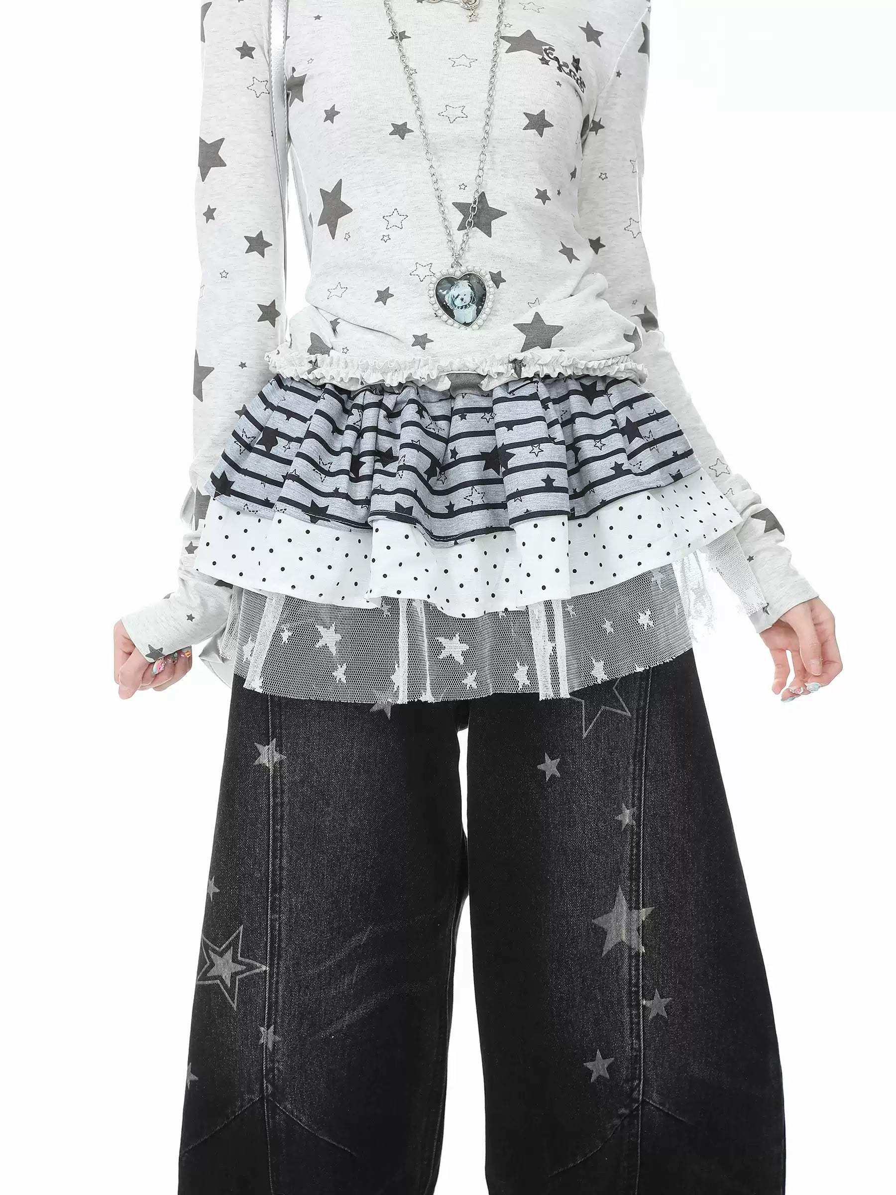 Ricky Lucky Women's Striped Star Lace Patchwork Mini Skirt – Layering Base Skirt Languid Park56456