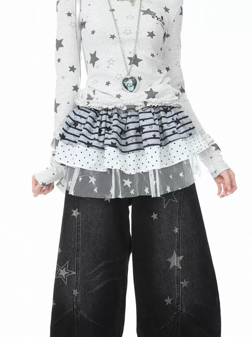 Ricky Lucky Women's Striped Star Lace Patchwork Mini Skirt – Layering Base Skirt LP 56456