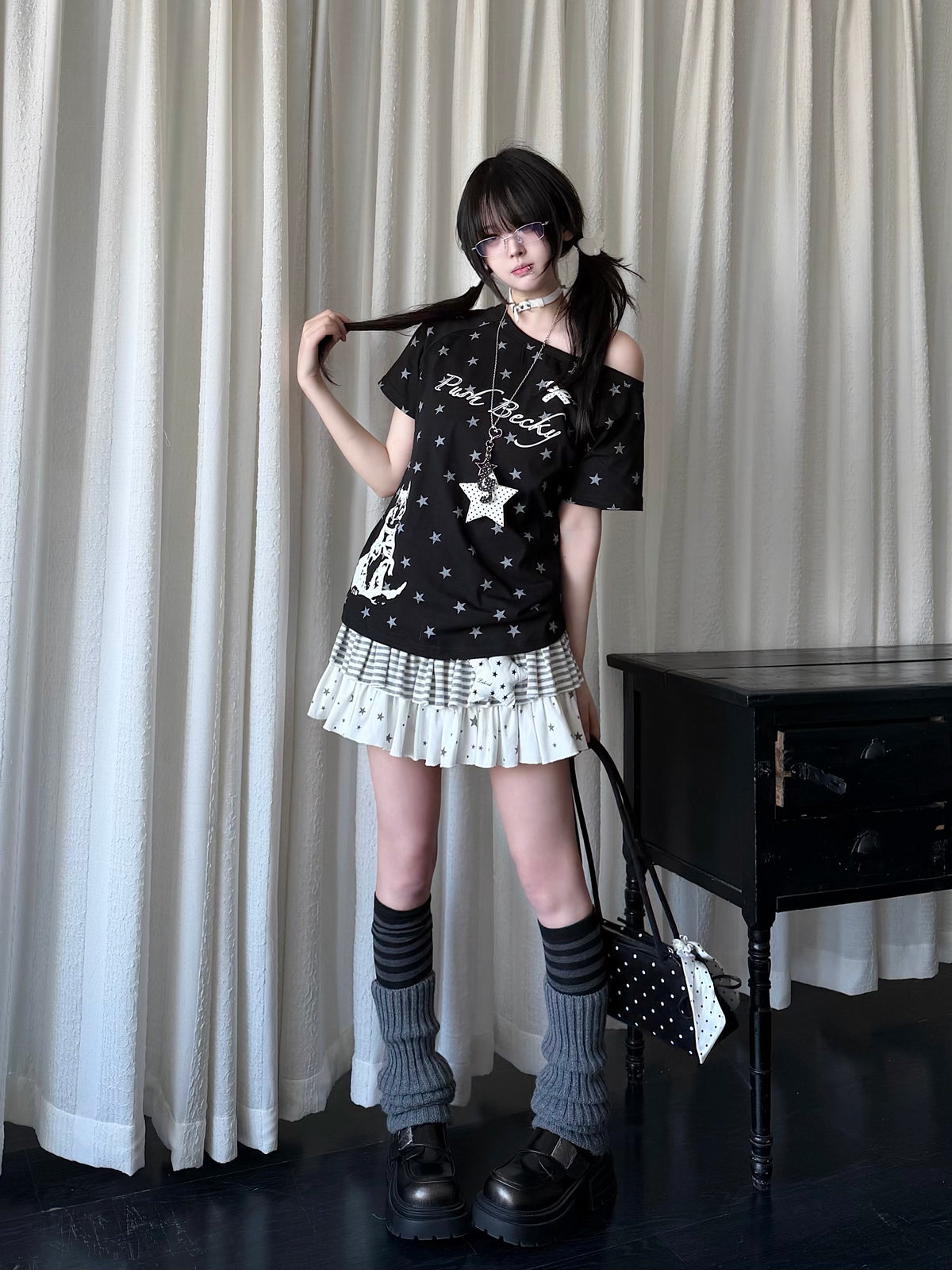 RICKY LUCKY Y2K アシンメトリー ワンショルダー Tシャツ 星柄 プリント スリム 半袖カットソー