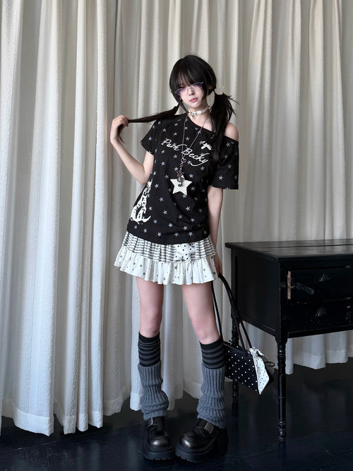 RICKY LUCKY Y2K アシンメトリー ワンショルダー Tシャツ 星柄 プリント スリム 半袖カットソー