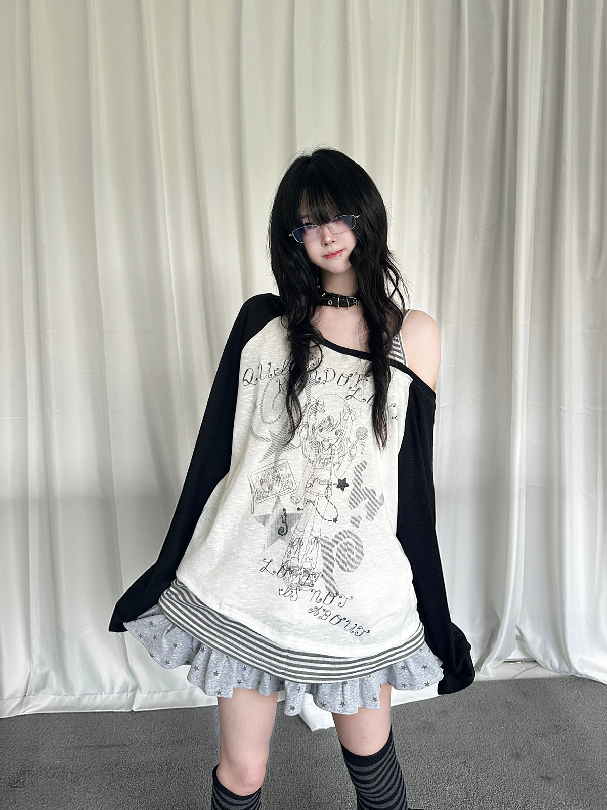 RICKY LUCKY レトロ ストライプ柄 レイヤード風 ワンショルダー 長袖Tシャツ ゆったり