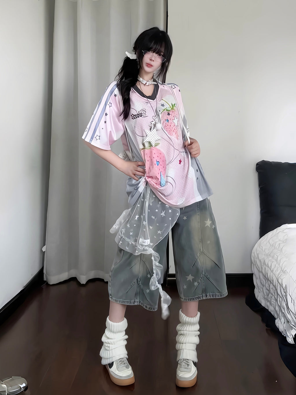 RICKY LUCKY アメカジ ヴィンテージ スタープリント 7分丈 デニムパンツ レディース 夏 ワイドハーフパンツ