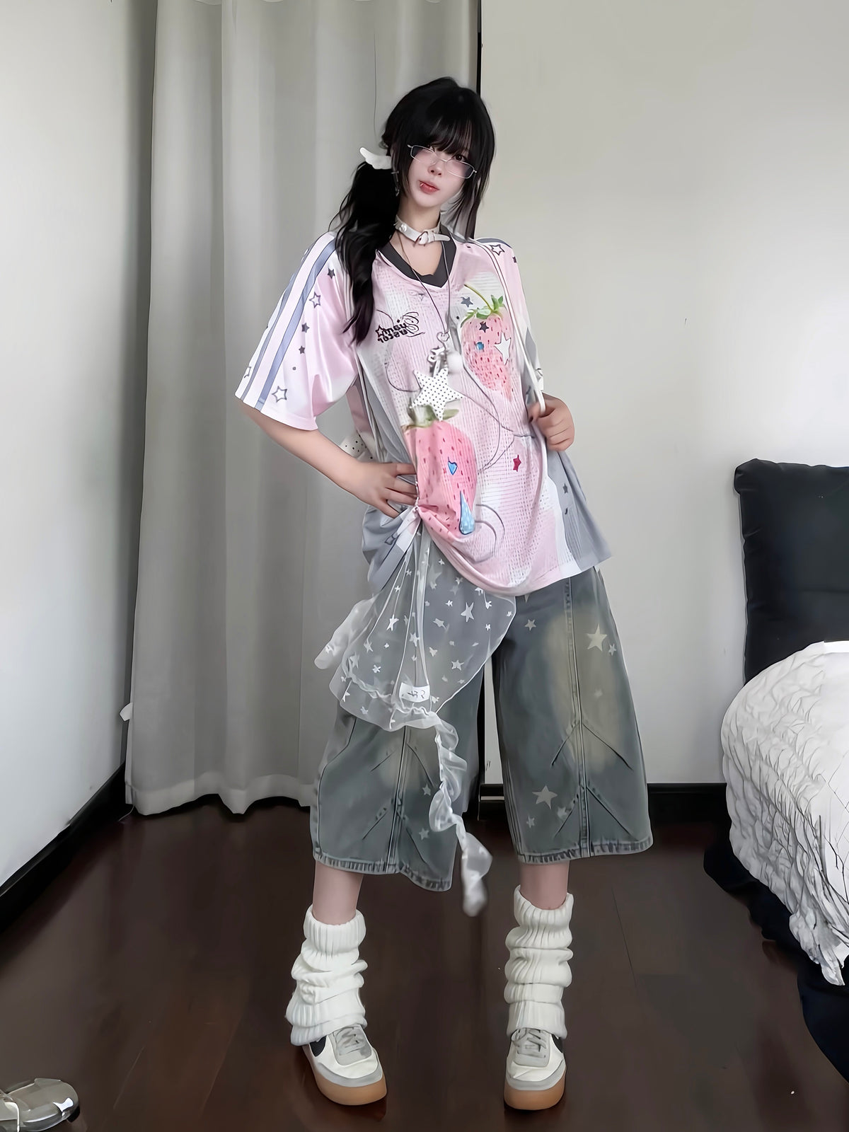 RICKY LUCKY アメカジ ヴィンテージ スタープリント 7分丈 デニムパンツ レディース 夏 ワイドハーフパンツ