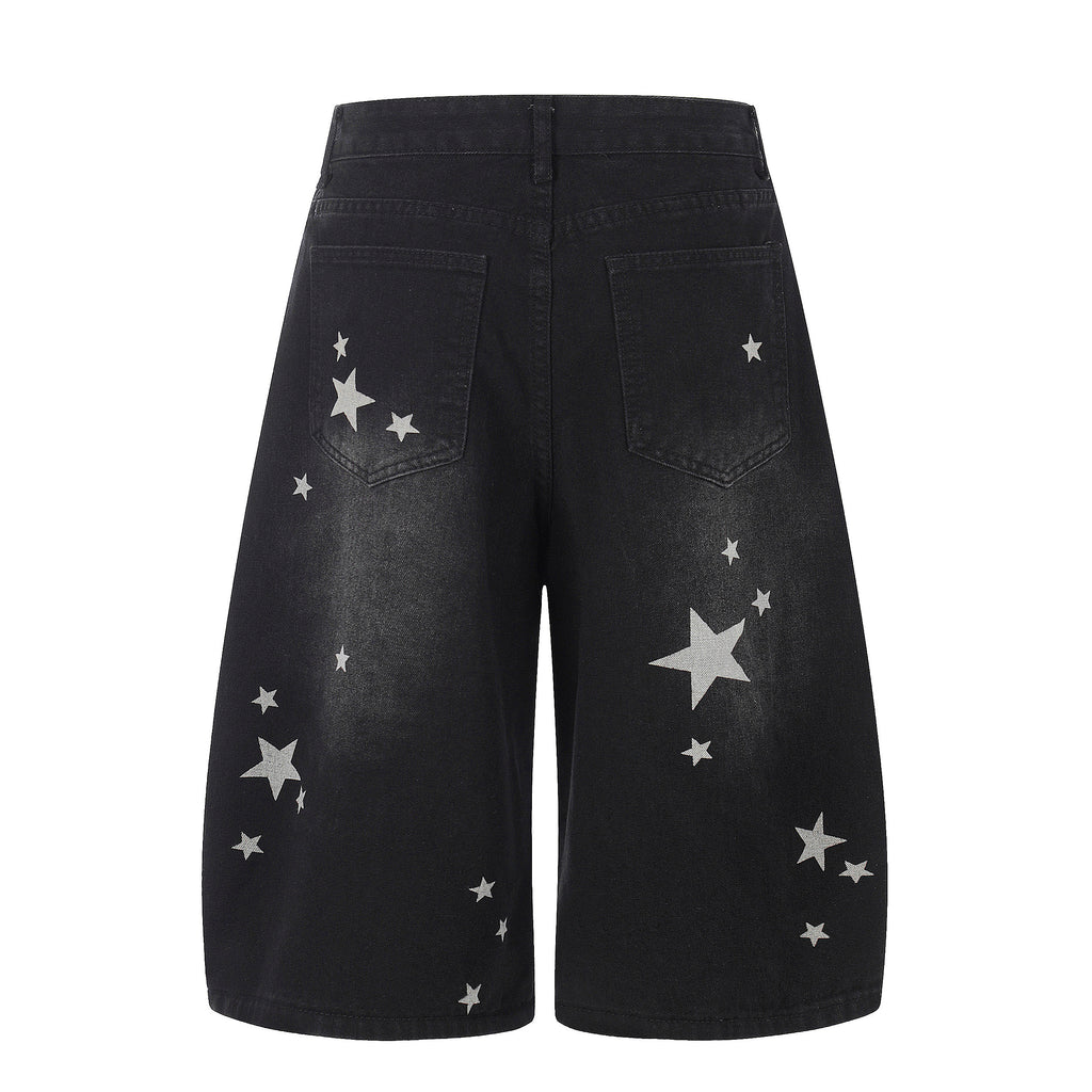 RICKY LUCKY アメカジ ヴィンテージ スタープリント 7分丈 デニムパンツ レディース 夏 ワイドハーフパンツ