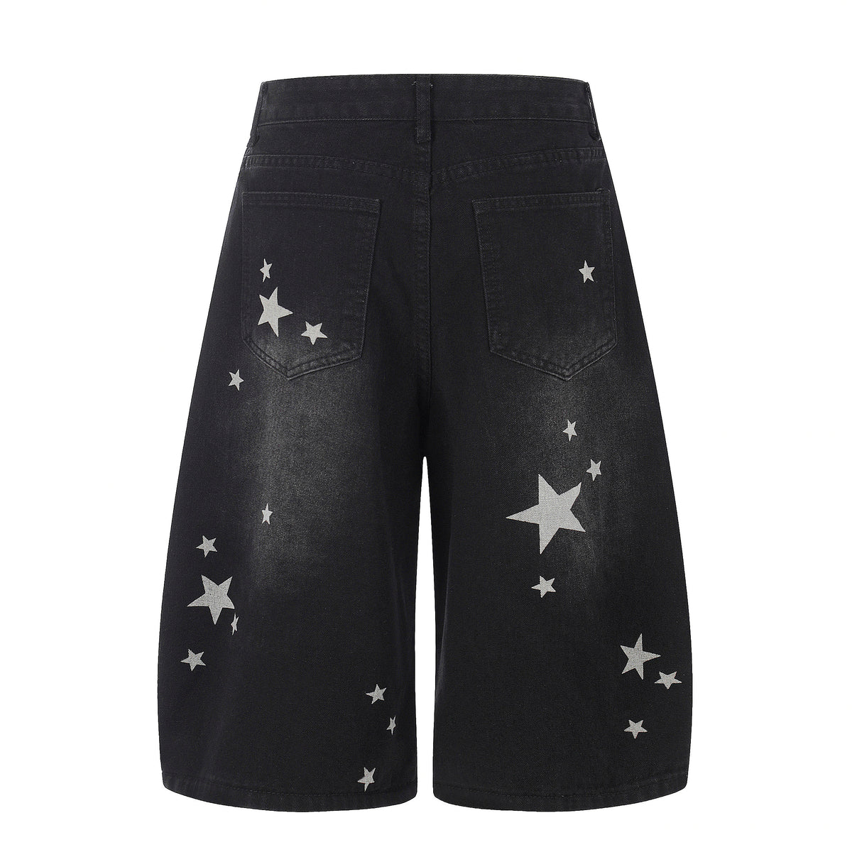 RICKY LUCKY アメカジ ヴィンテージ スタープリント 7分丈 デニムパンツ レディース 夏 ワイドハーフパンツ