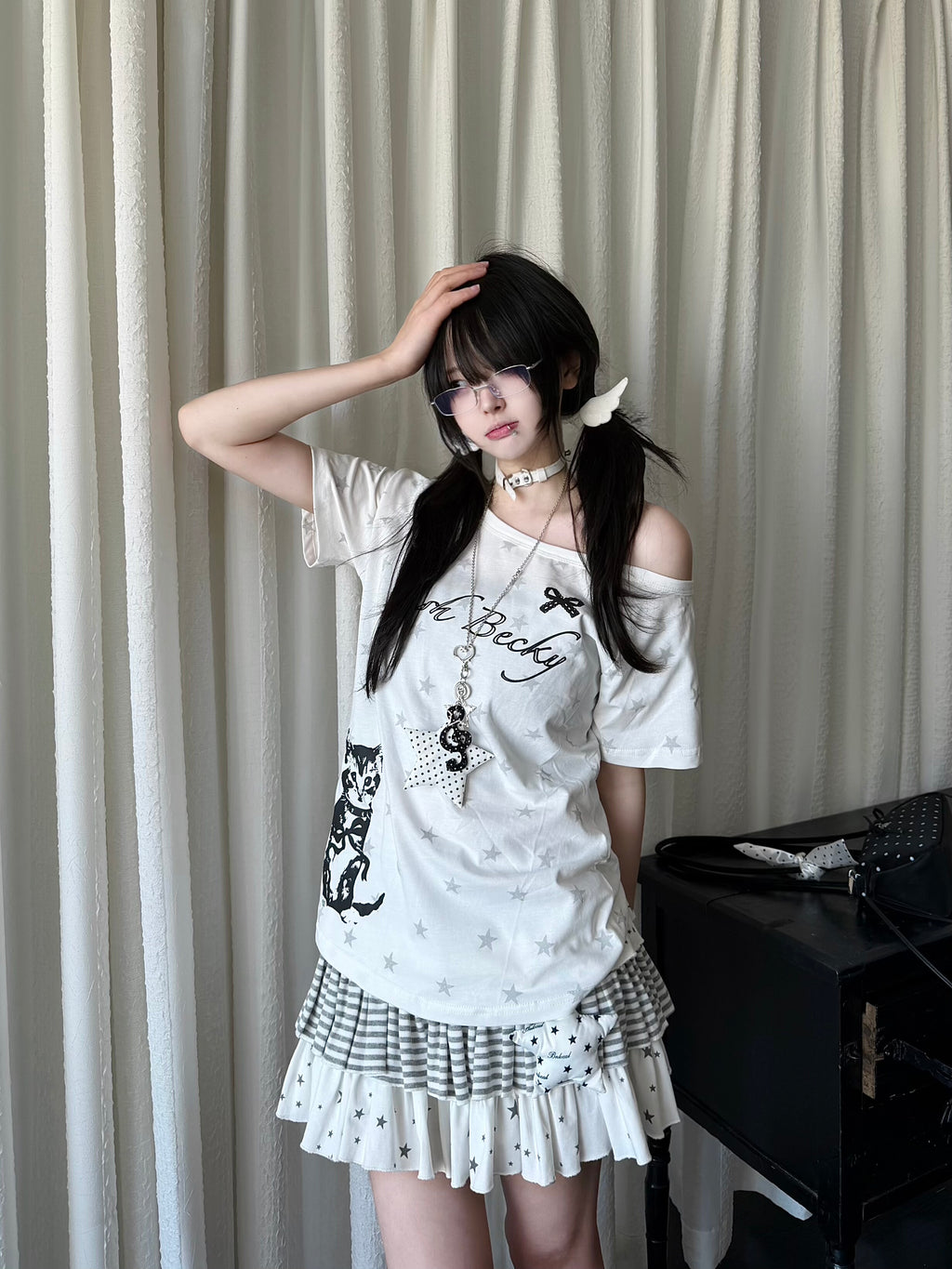 RICKY LUCKY Y2K アシンメトリー ワンショルダー Tシャツ 星柄 プリント スリム 半袖カットソー