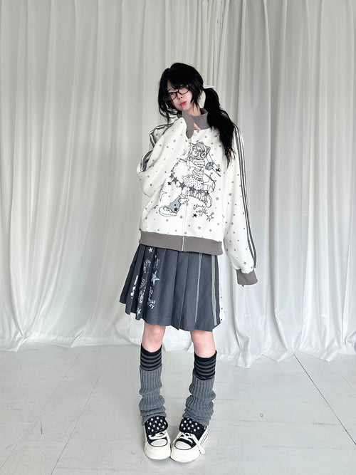 RICKY LUCKY アニメプリント 星柄 ハイネック ジップアップ パーカー Y2K サブカル系 レディース