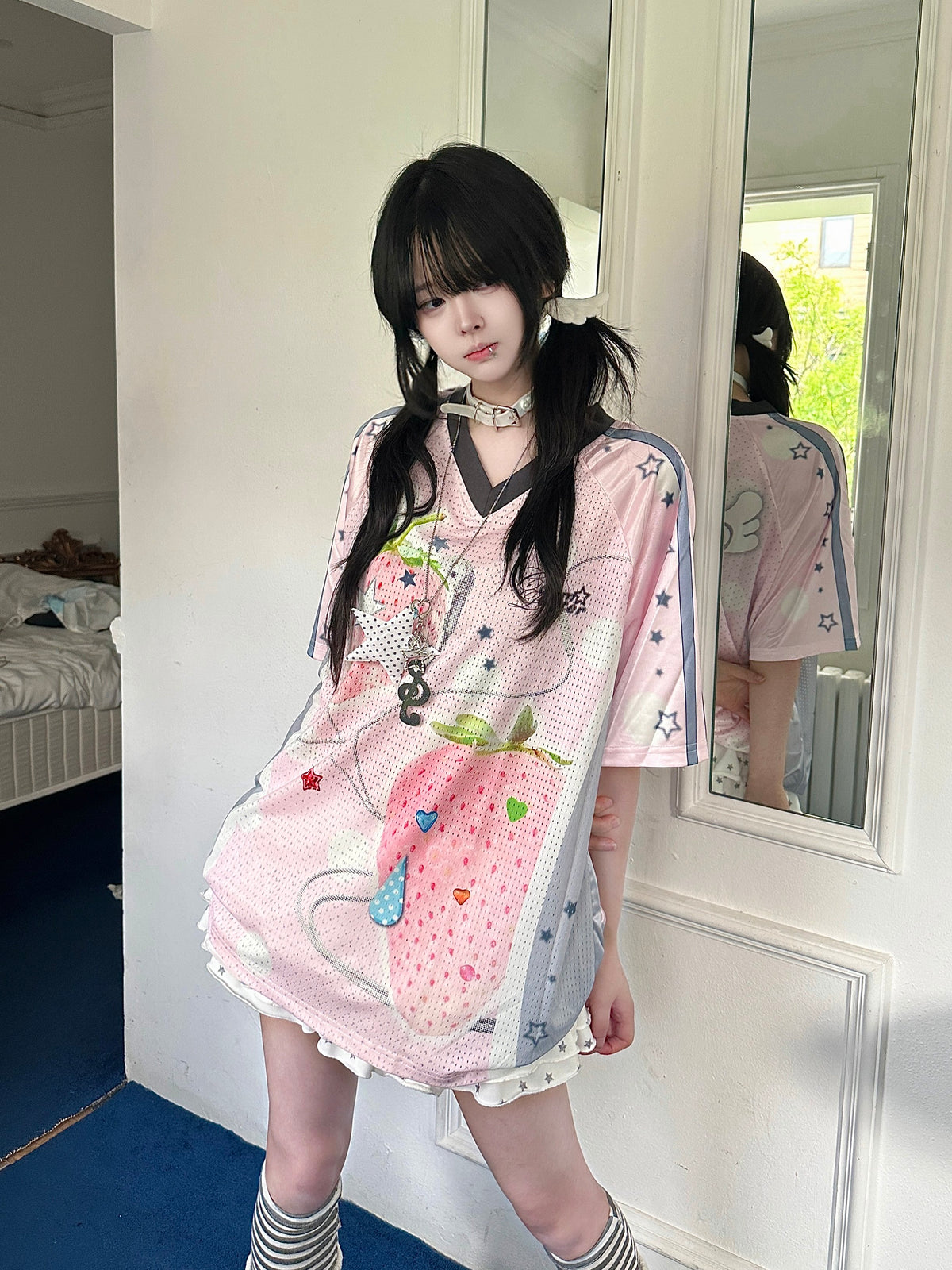 RICKY LUCKY Y2Kガーリー レトログラフィックゲームシャツTシャツ レディース