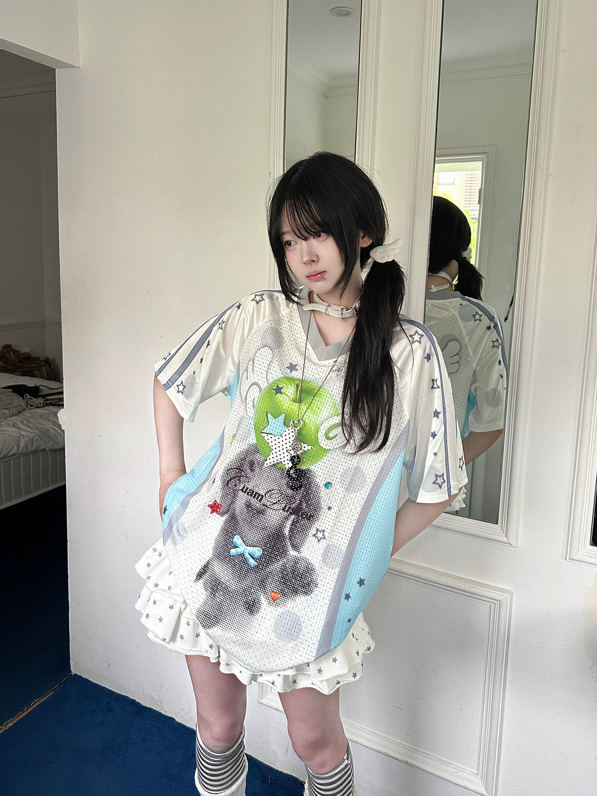 RICKY LUCKY Y2Kガーリー レトログラフィックゲームシャツTシャツ レディース