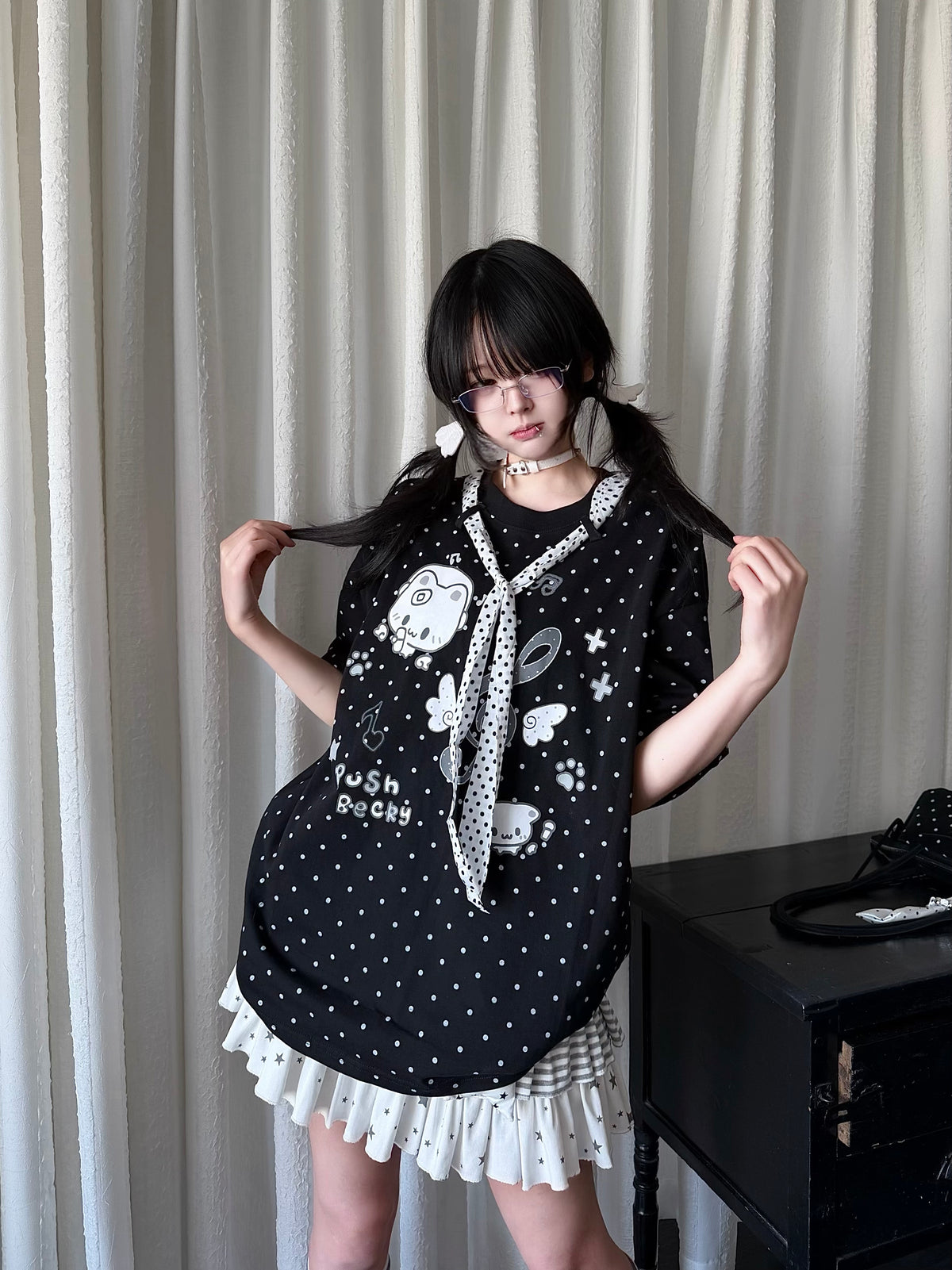 RICKY LUCKY 宅系 サブカル ネコ柄 ドット柄 ネクタイ付き 半袖 Tシャツ ルーズ Tシャツ