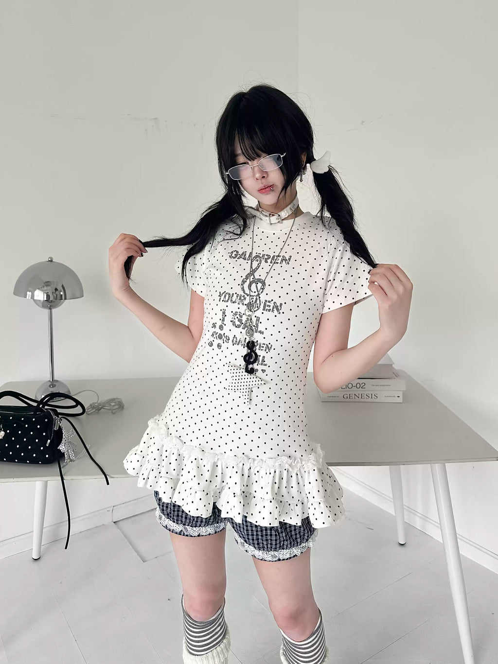 Women's Y2K Polka Dot Lace Ruffle Baby Tee - Cute Slim Fit Short Sleeve T-Shirt #G005