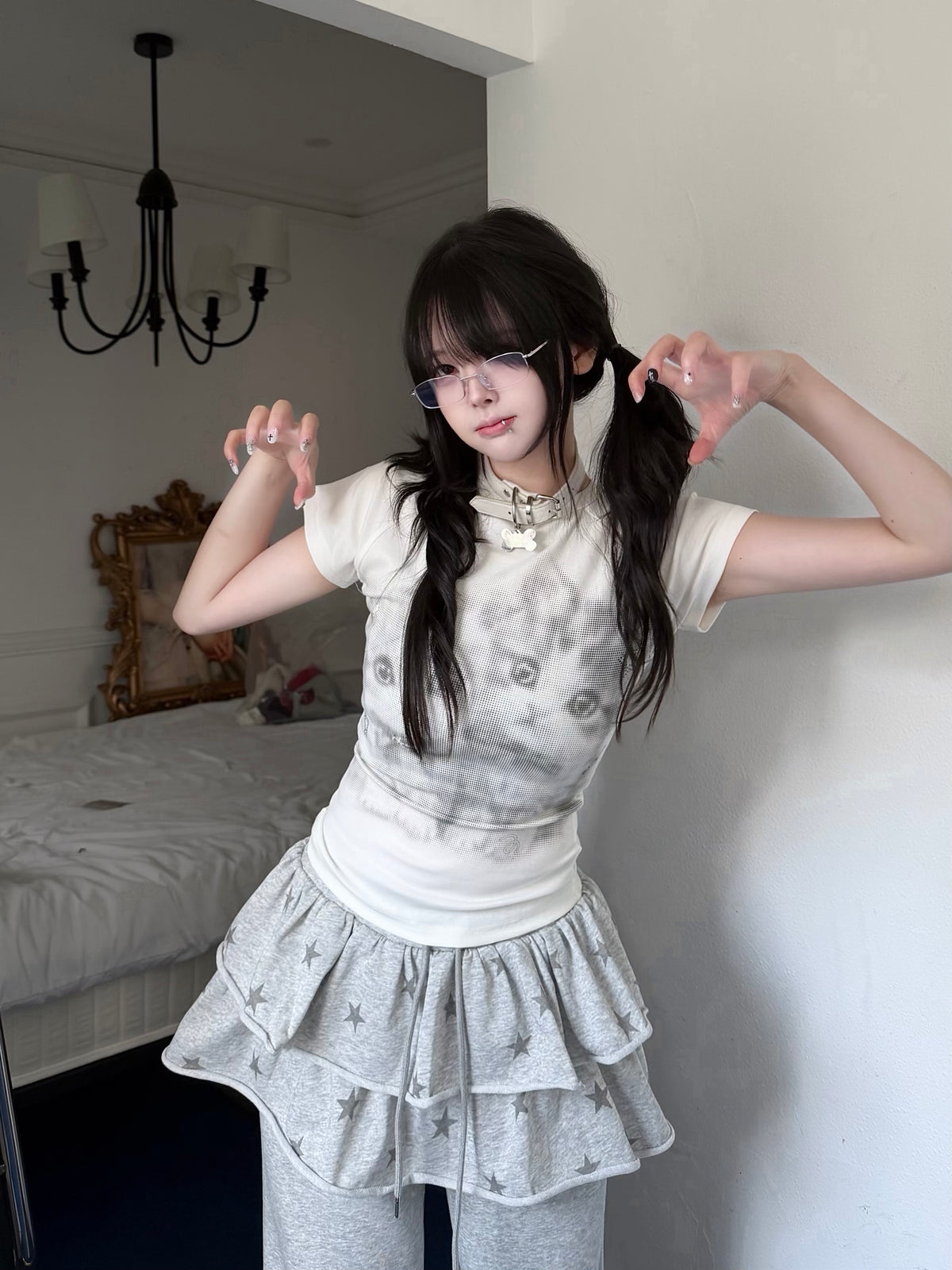 RICKY LUCKY キャットプリント 正肩 ショート丈 Tシャツ レディース 夏 スパイシーガーリー