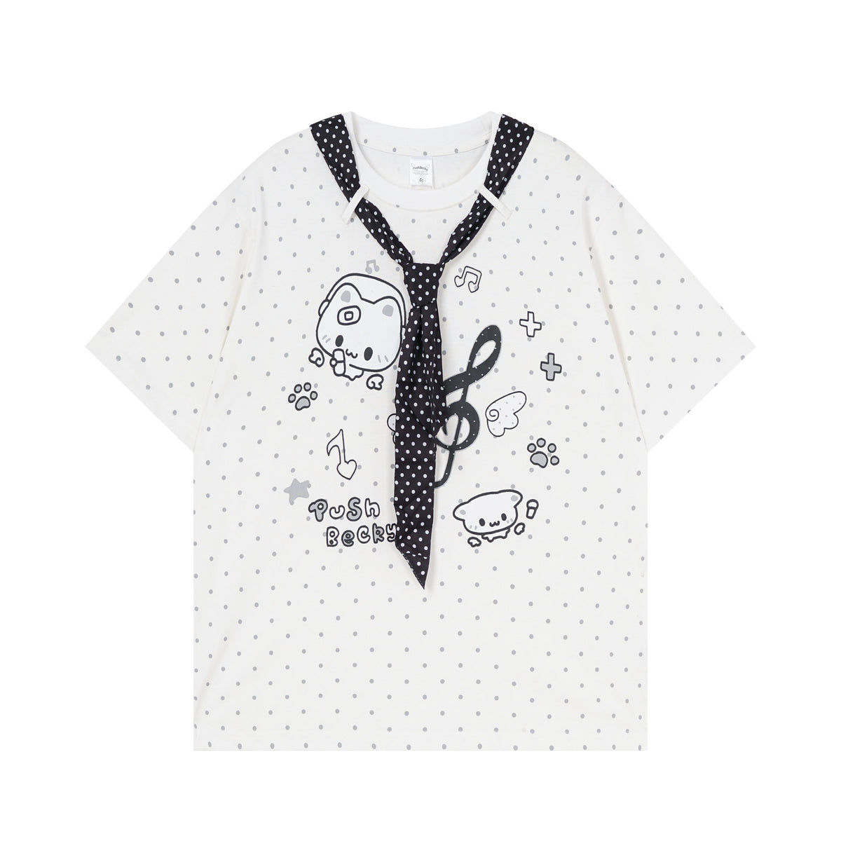 RICKY LUCKY 宅系 サブカル ネコ柄 ドット柄 ネクタイ付き 半袖 Tシャツ ルーズ Tシャツ