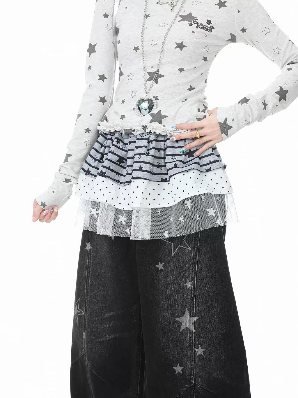Ricky Lucky Women's Striped Star Lace Patchwork Mini Skirt – Layering Base Skirt LP 56456
