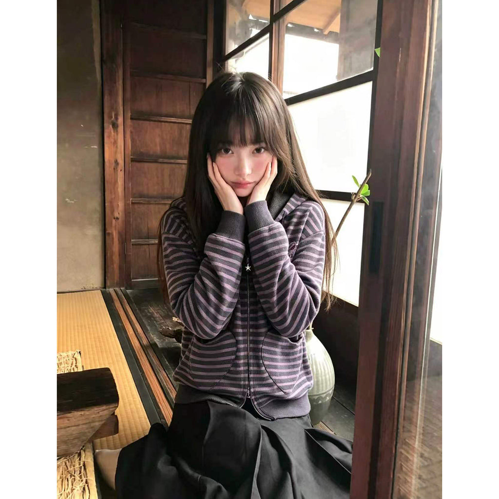 RICKY LUCKY アメカジ サブカル風 ストライプ柄 ポケット付き フード付き ジップパーカー レディース