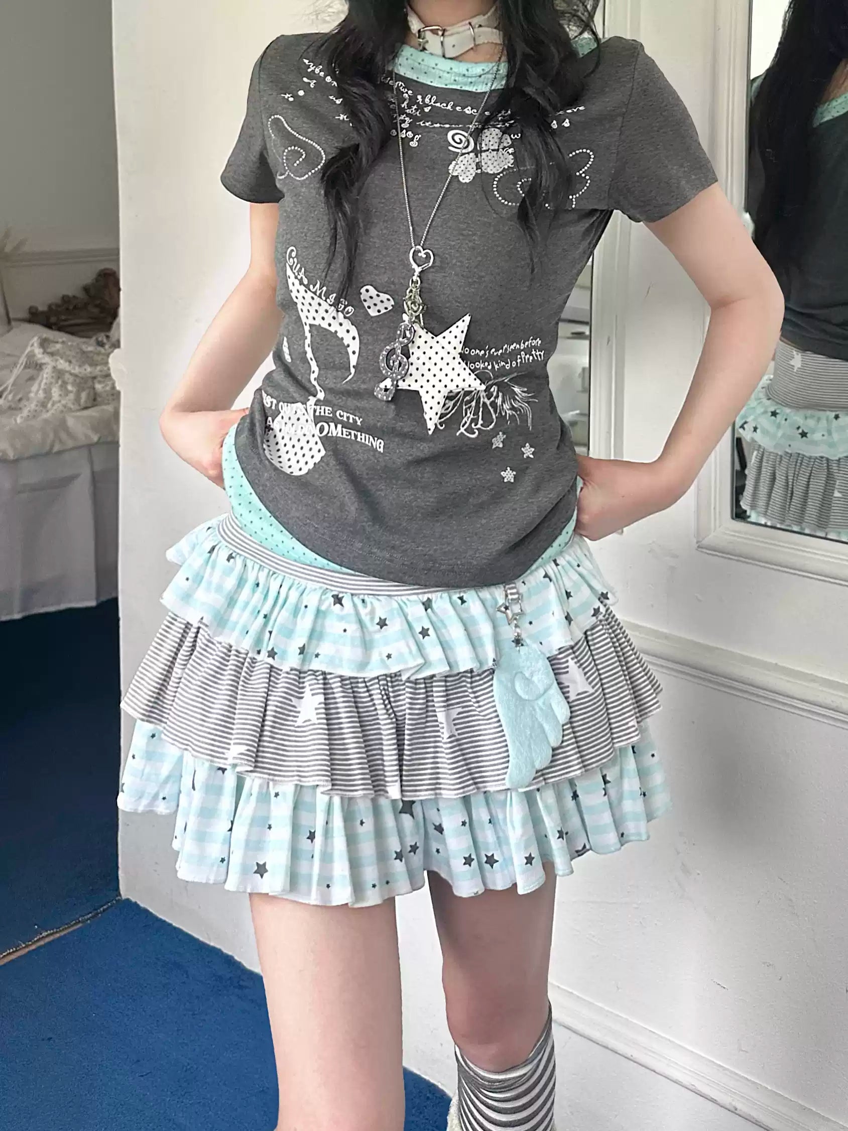 Women's Y2K Star Stripe Layered Cake Mini Skirt with Built-in Shorts – Summer A-Line Skort