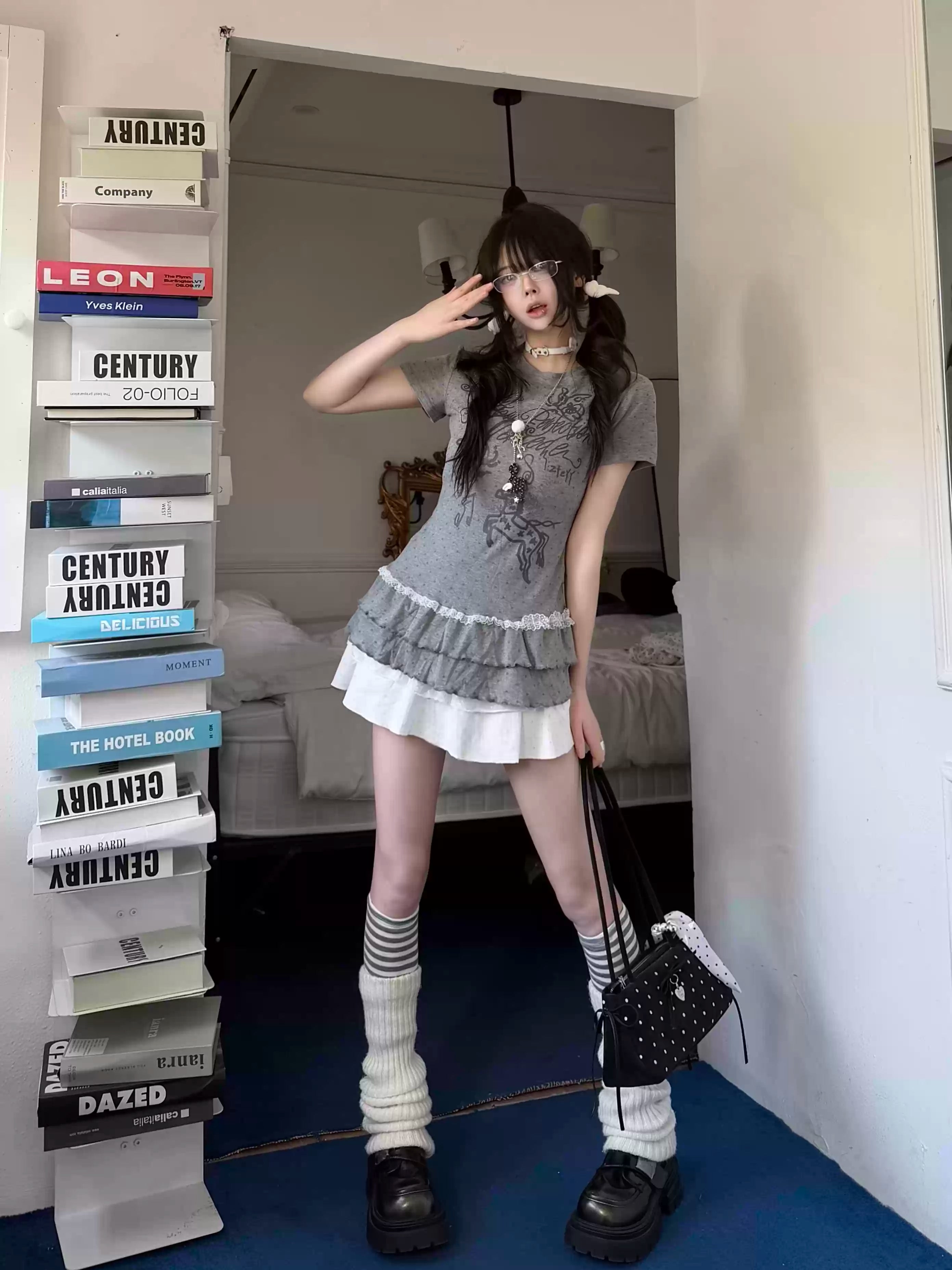 Women's Cute Korean Aesthetic Polka Dot Top Slimming Short Sleeve Tee Ruffled Bottom Summer Kawaii Fashion Clothing