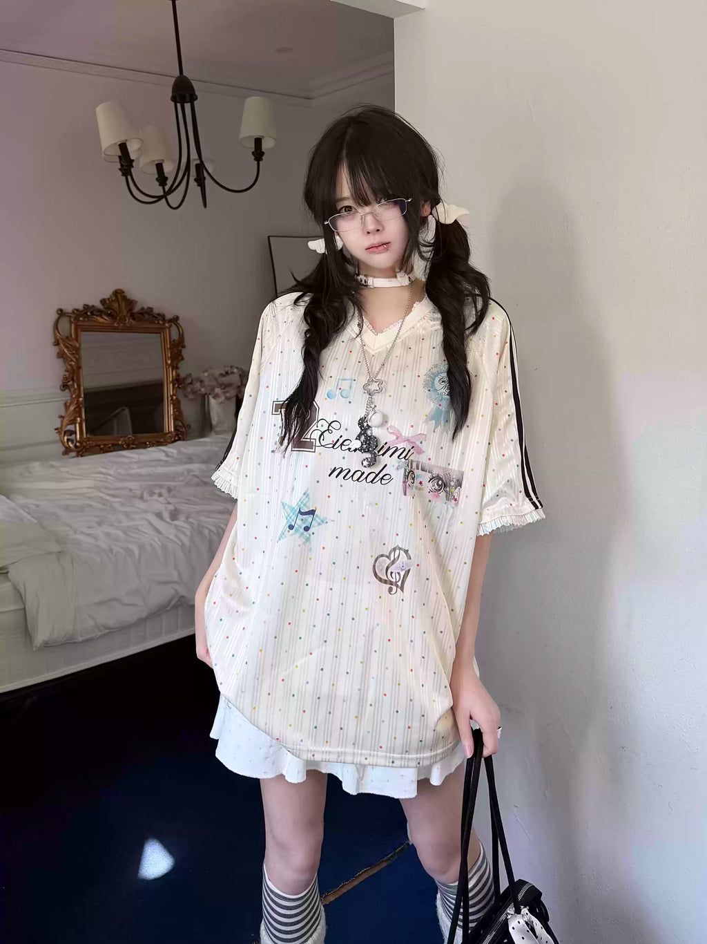 Y2K Harajuku Satin T-Shirt Women Sweet Kawaii Polka Dot Print Top | Fairy Grunge Lace Patchwork Jersey V-Neck Short Sleeve Blouse