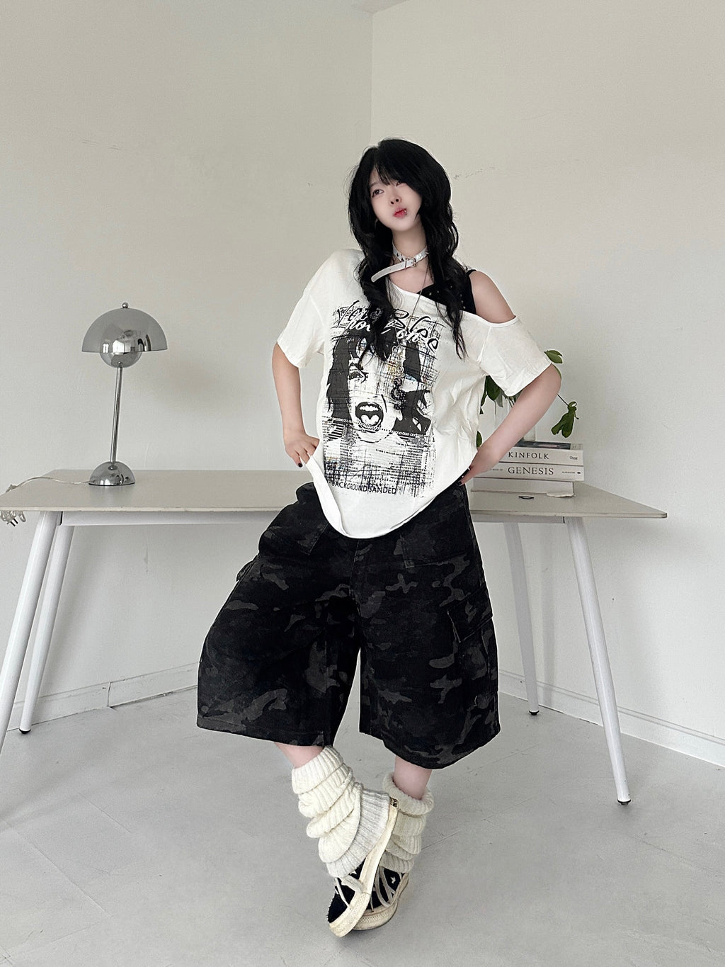 RICKY LUCKY アメカジ ワンショルダー 半袖 Tシャツ レディース 夏 オフショルダー トップス