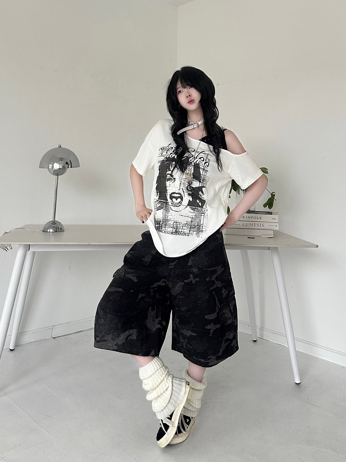 RICKY LUCKY アメカジ ワンショルダー 半袖 Tシャツ レディース 夏 オフショルダー トップス