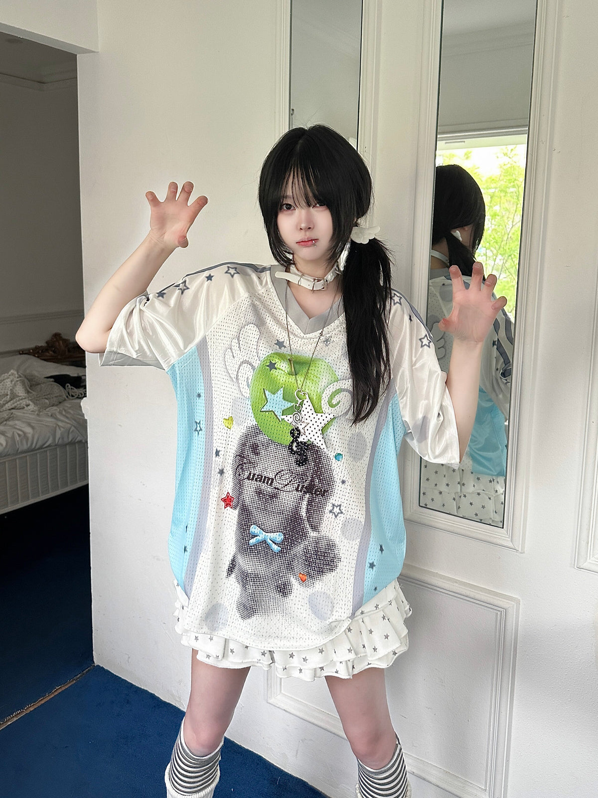 RICKY LUCKY Y2Kガーリー レトログラフィックゲームシャツTシャツ レディース