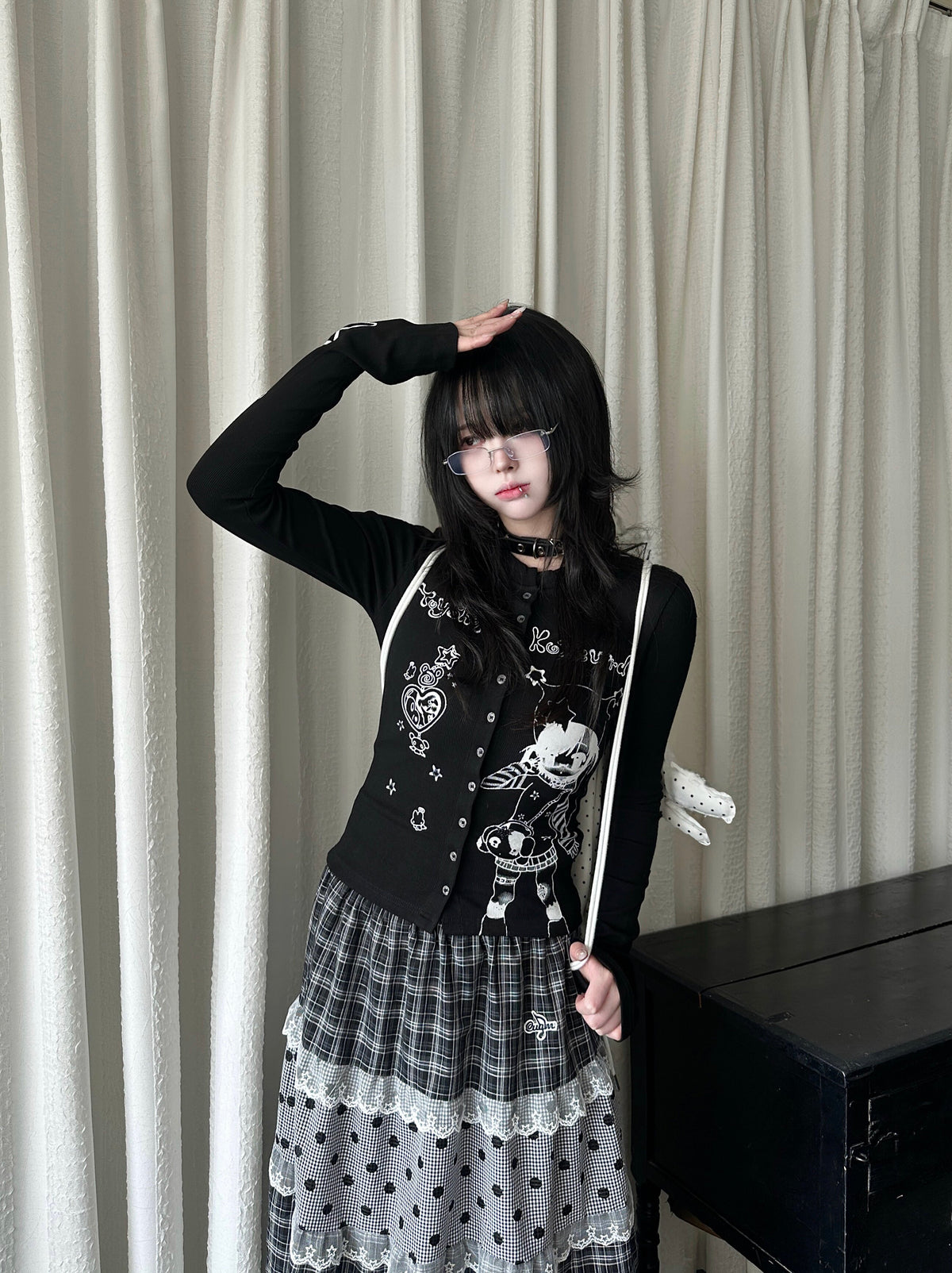 RICKY LUCKY 春新作 二次元アニメプリント ショート丈カーディガン フレアスリーブTシャツ Y2K