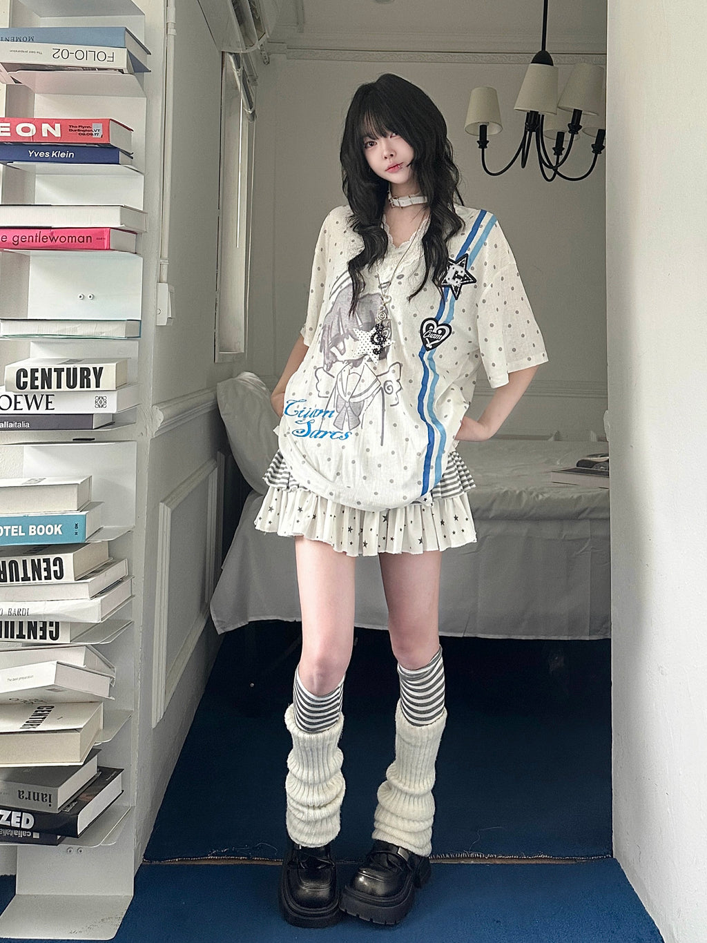 カレーレン 水玉柄二次元アニメ刺繍 レースVネックTシャツ Y2K レディース