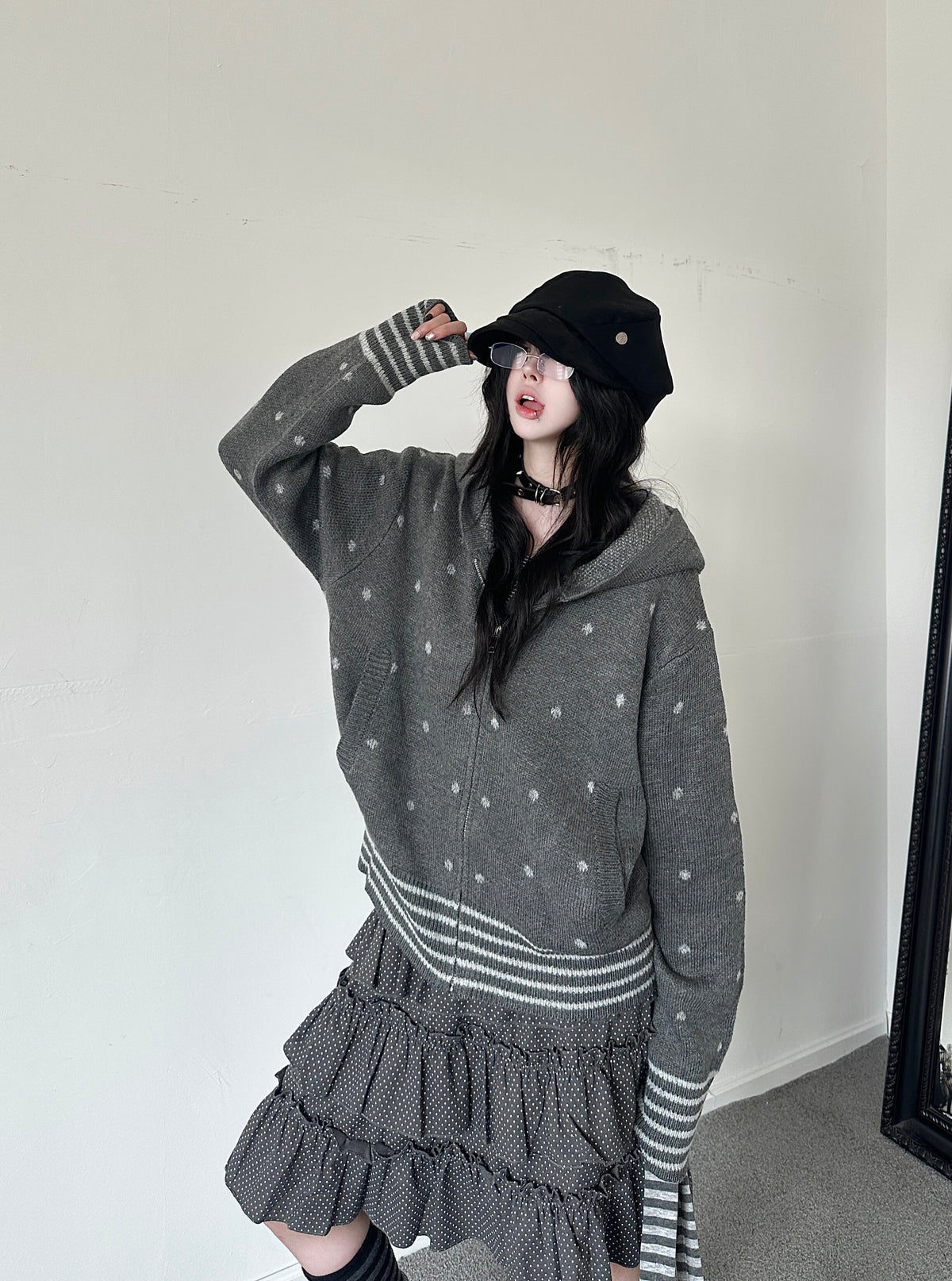 RICKY LUCKY レトロ ヴィンテージ柄 ドット柄 ストライプ柄 ジップアップ ニット カーディガン ルーズ
