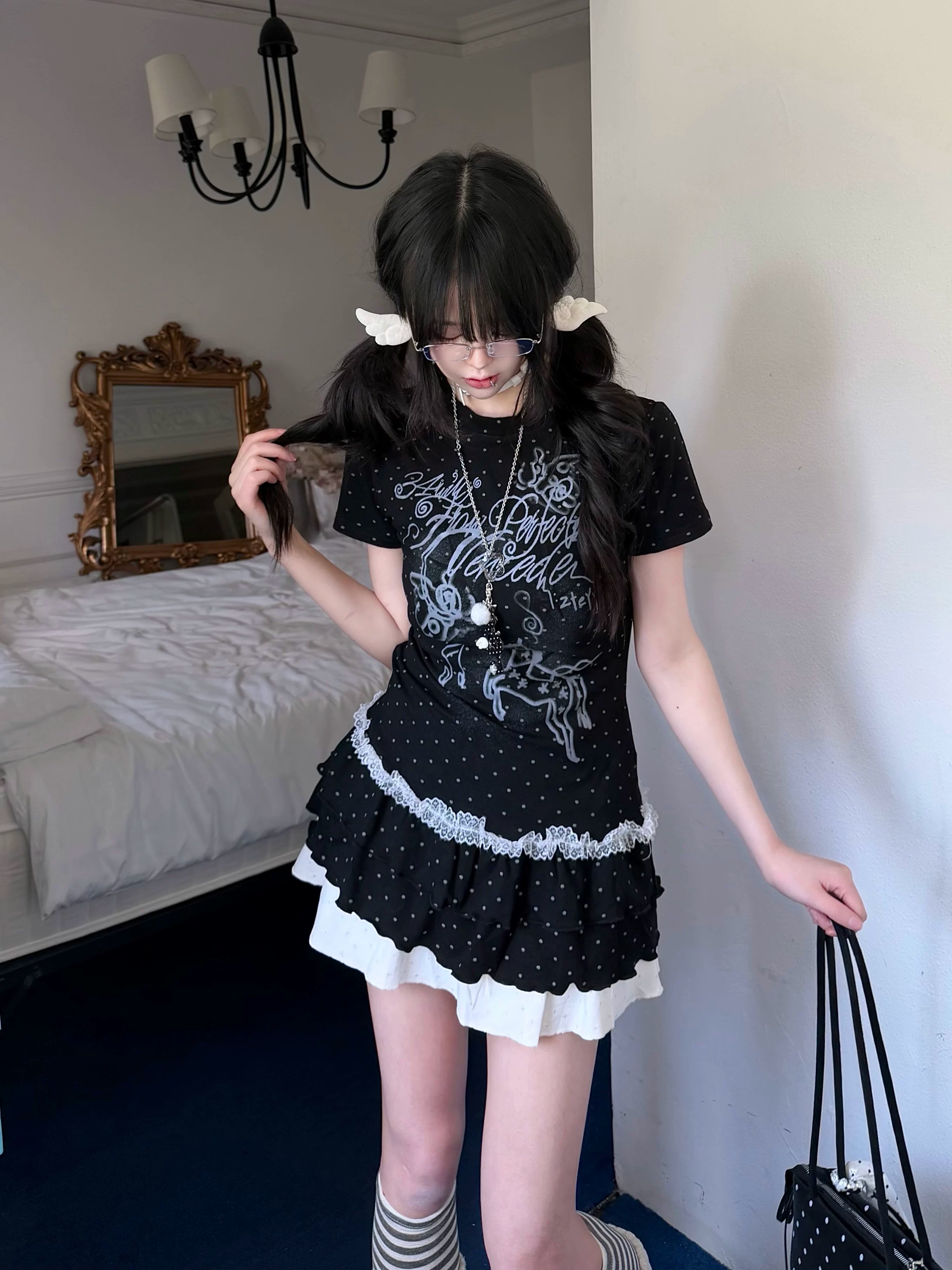 Women's Cute Korean Aesthetic Polka Dot Top Slimming Short Sleeve Tee Ruffled Bottom Summer Kawaii Fashion Clothing