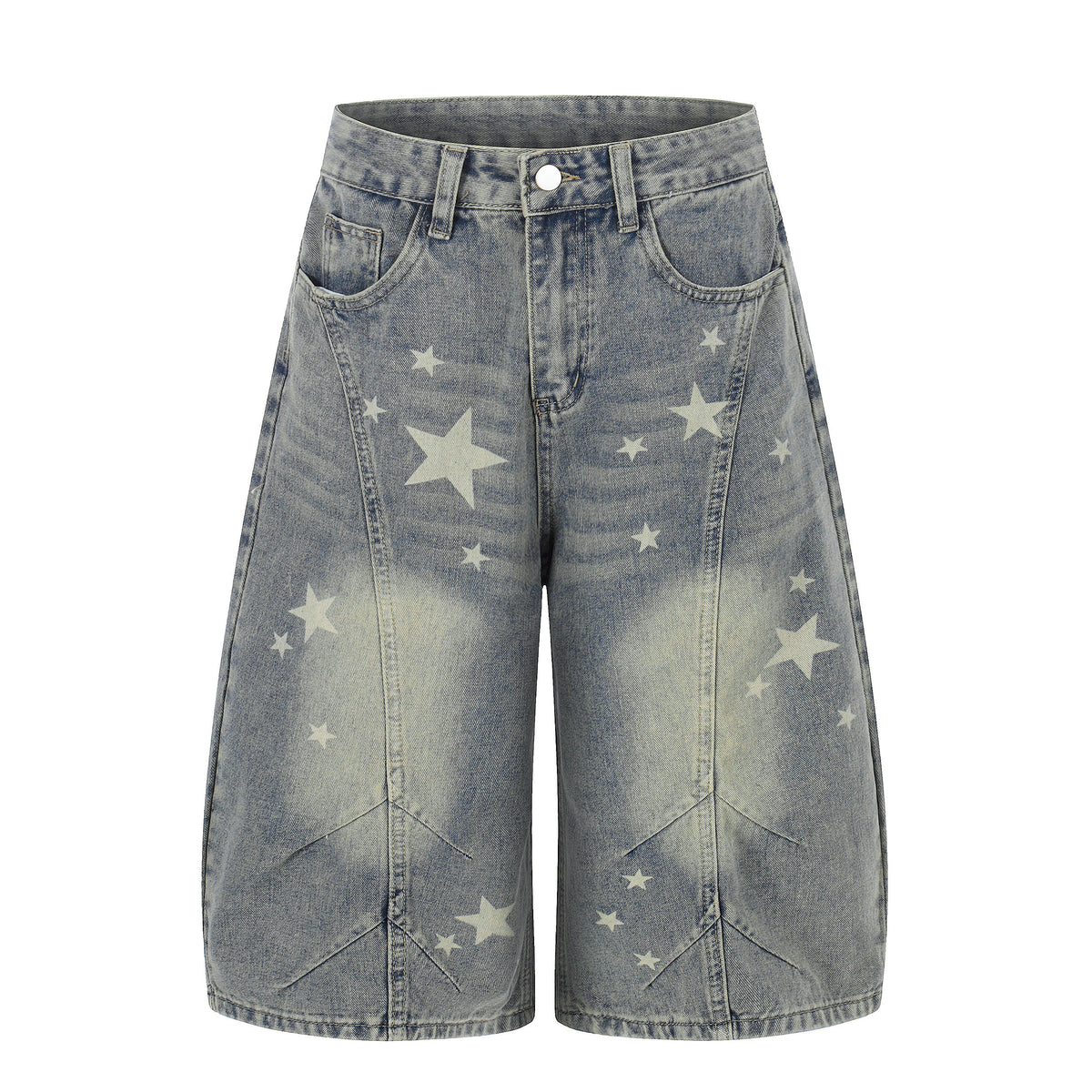RICKY LUCKY アメカジ ヴィンテージ スタープリント 7分丈 デニムパンツ レディース 夏 ワイドハーフパンツ