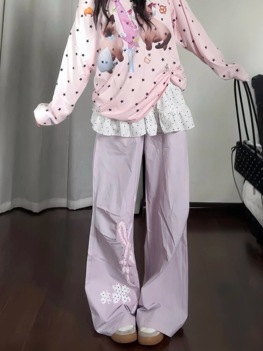 Women's Cute Lace Patchwork Wide Leg Parachute Pants - Casual Summer Straight Leg Trousers #G002