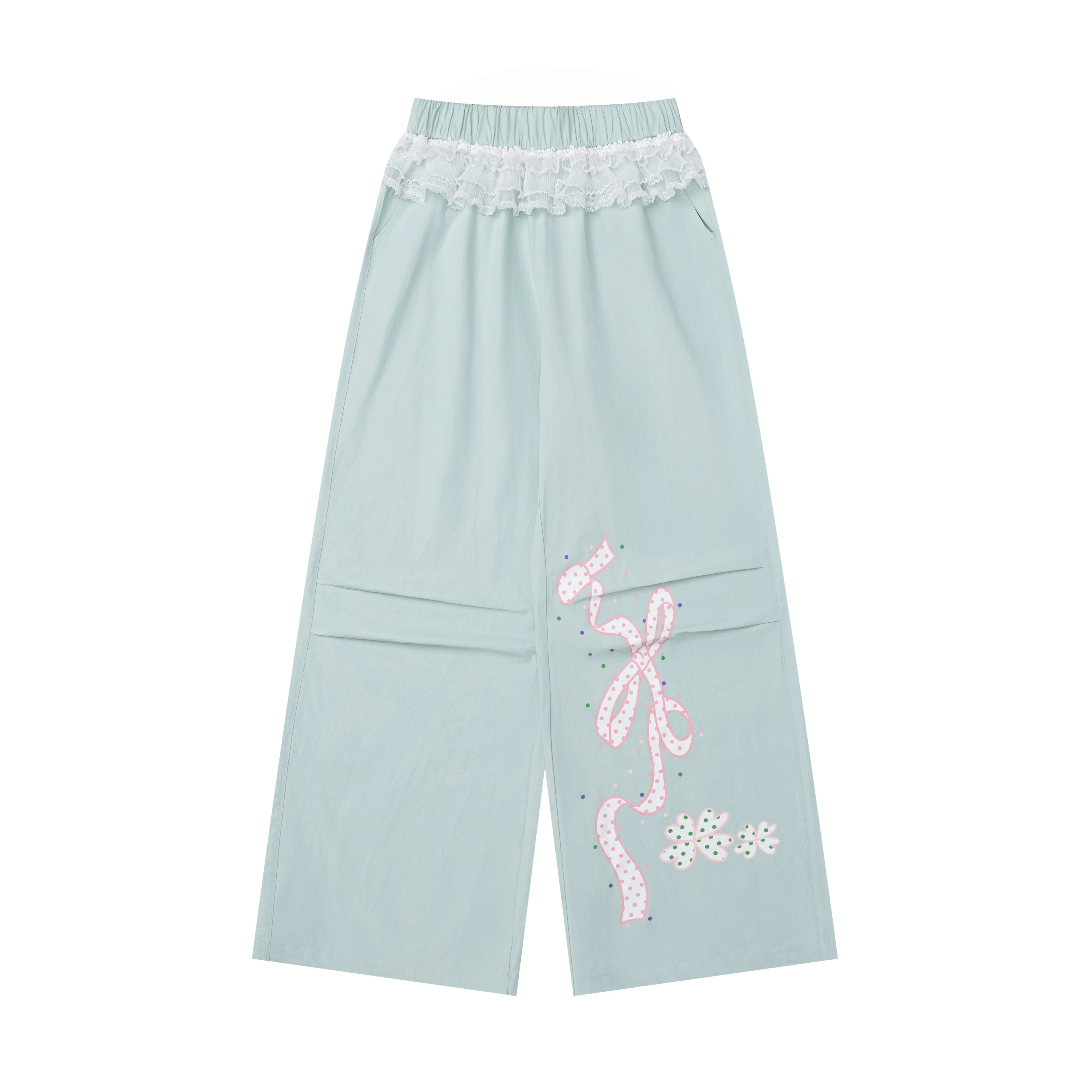Women's Cute Lace Patchwork Wide Leg Parachute Pants - Casual Summer Straight Leg Trousers #G002