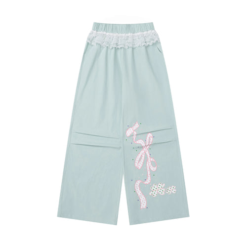 Women's Cute Lace Patchwork Wide Leg Parachute Pants - Casual Summer Straight Leg Trousers #G002