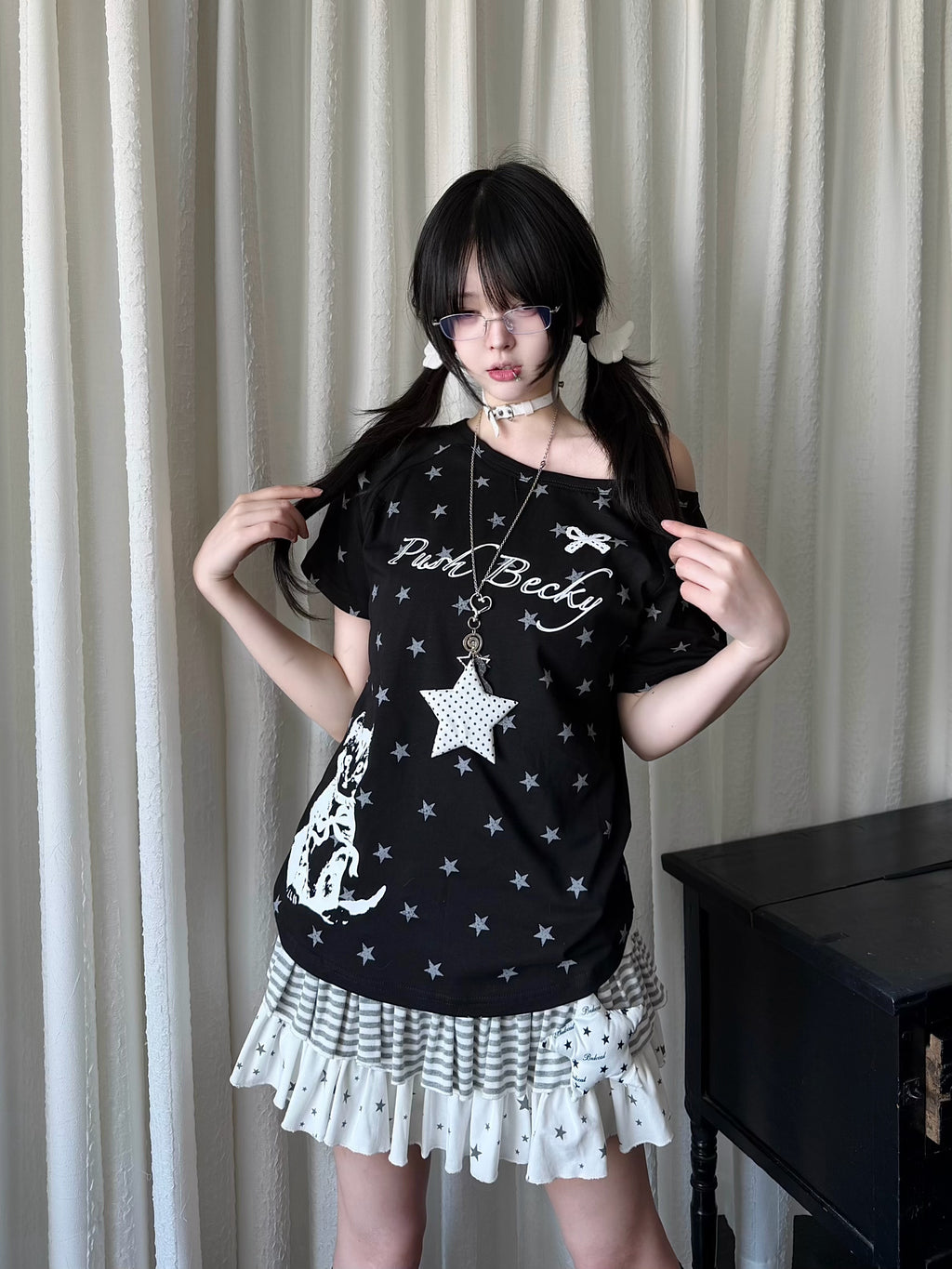 RICKY LUCKY Y2K アシンメトリー ワンショルダー Tシャツ 星柄 プリント スリム 半袖カットソー