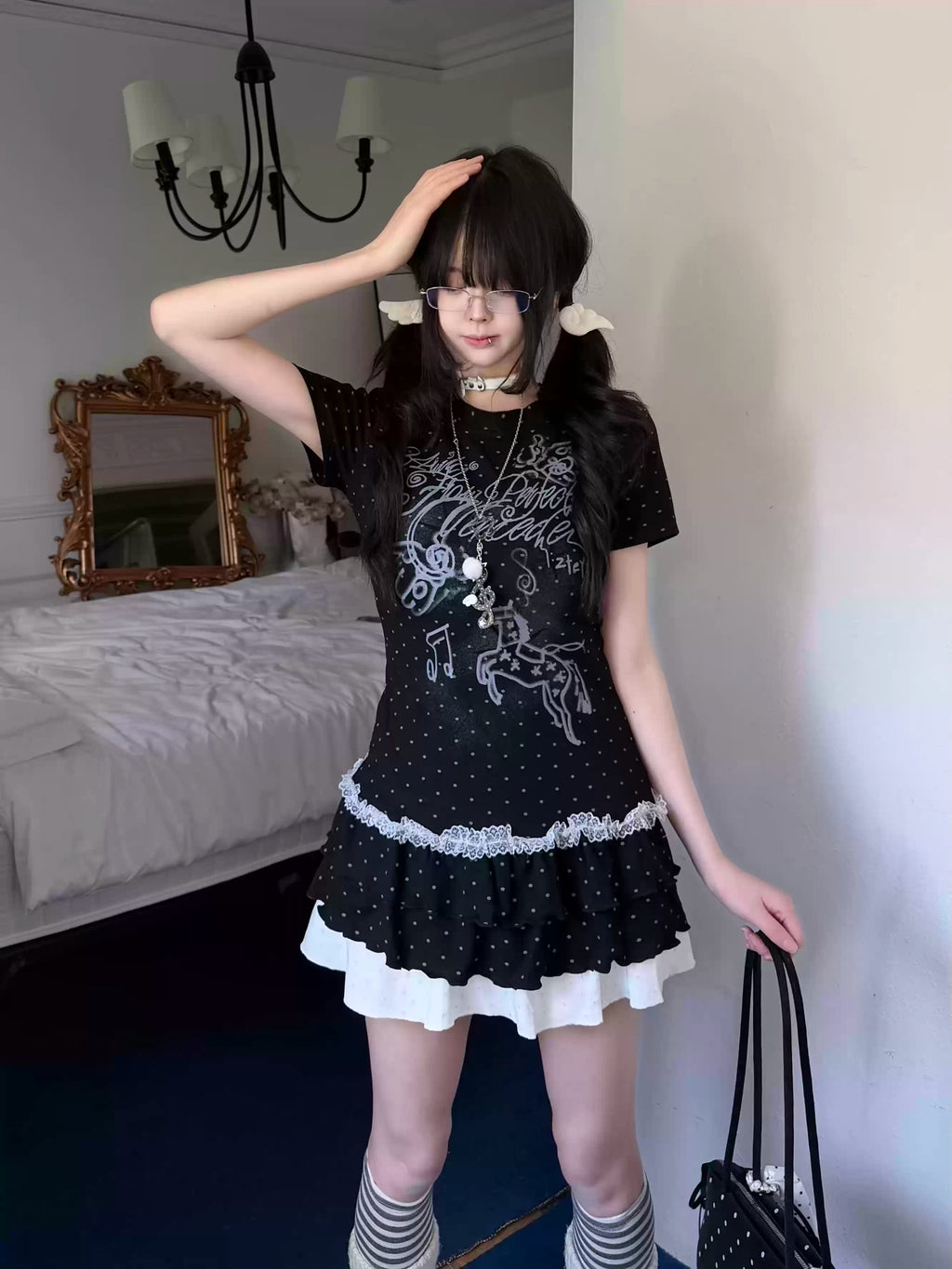 Women's Cute Korean Aesthetic Polka Dot Top Slimming Short Sleeve Tee Ruffled Bottom Summer Kawaii Fashion Clothing