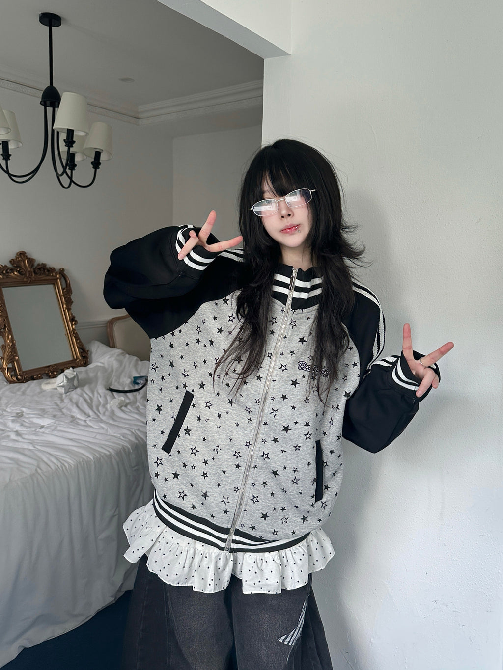 RICKY LUCKY 秋新作 星柄プリント バイカラー切替 スタジャン オーバーサイズ