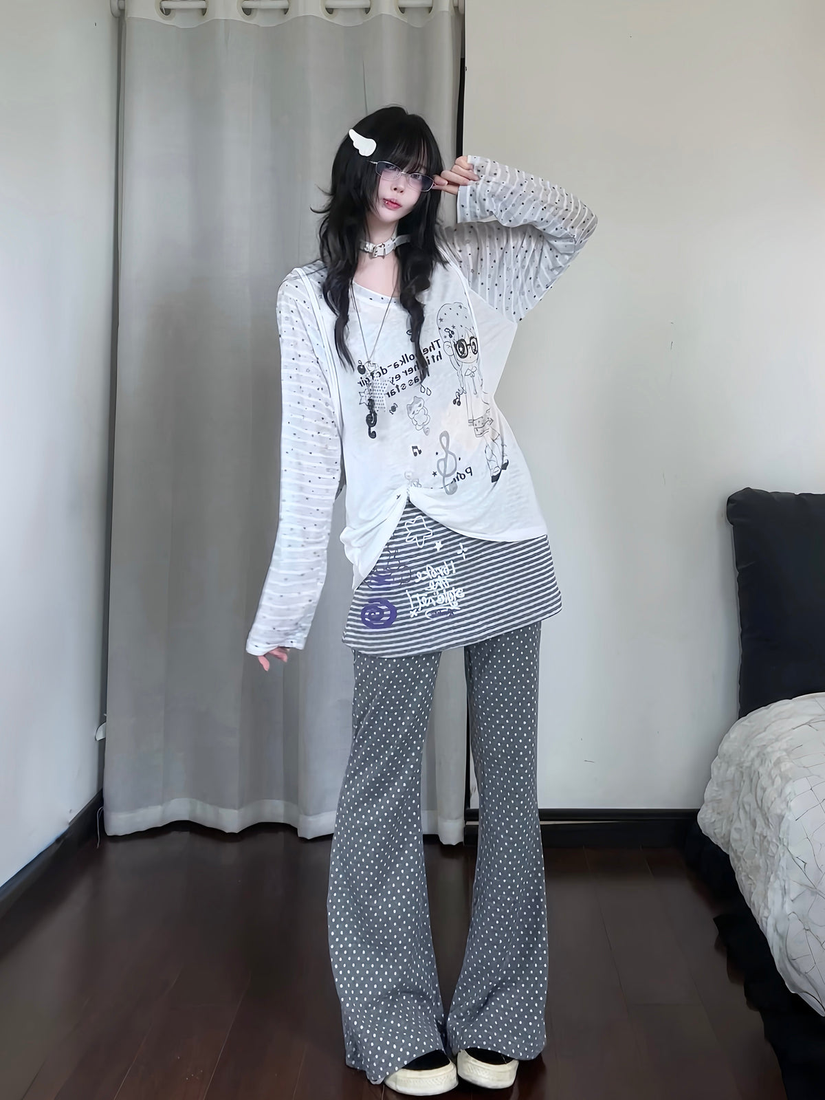 RICKY LUCKY 韓国系 サブカル ボーダー柄 長袖 Tシャツ ロンT シアー シースルー トップス