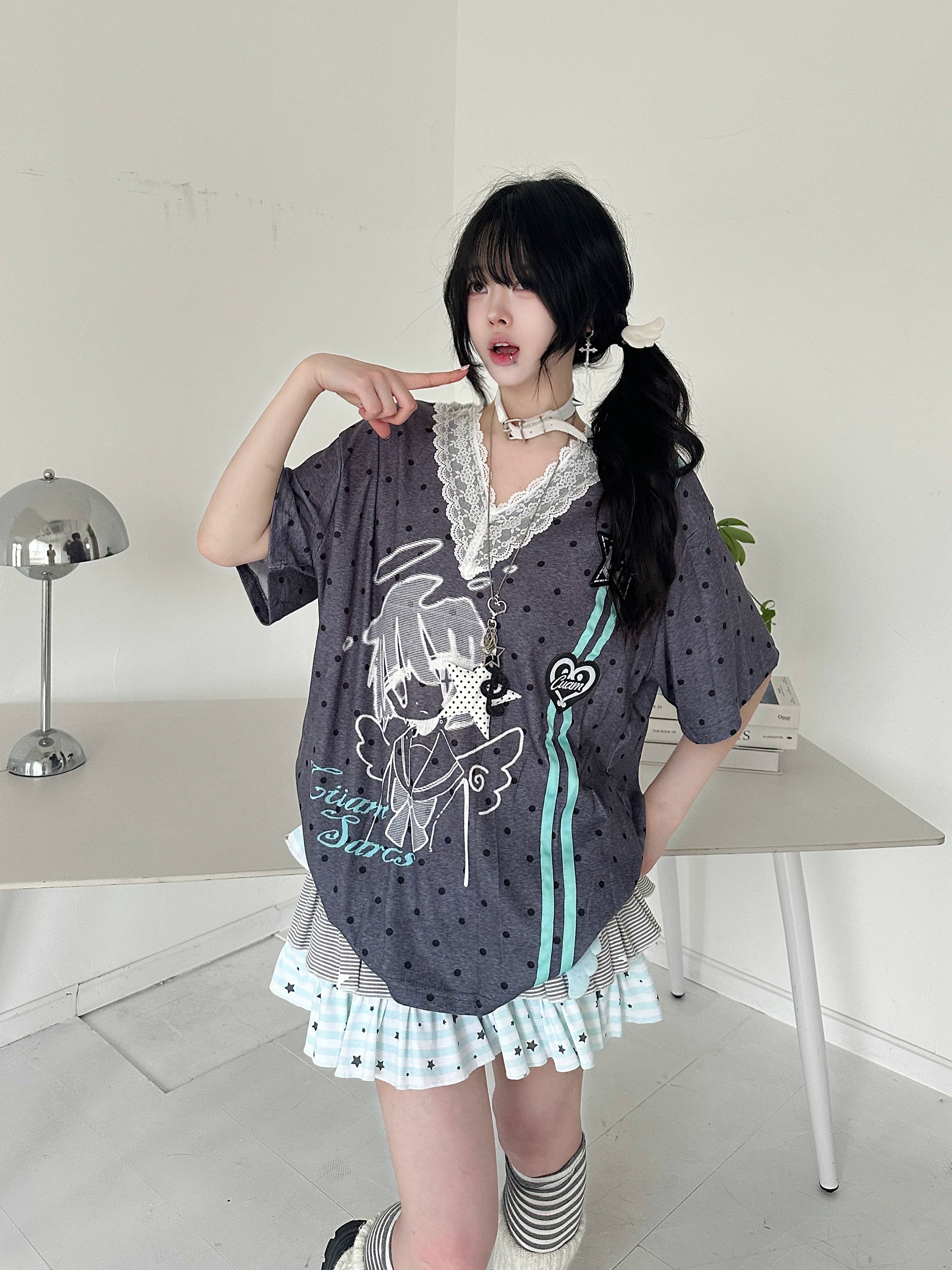 Y2K Harajuku Anime Polka Dot T-Shirt Women Sweet Lolita Lace V-Neck Short Sleeve Top | Loose Fit Kawaii Aesthetic Clothing