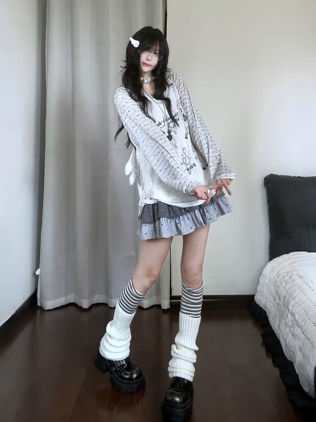 RICKY LUCKY 韓国系 サブカル ボーダー柄 長袖 Tシャツ ロンT シアー シースルー トップス